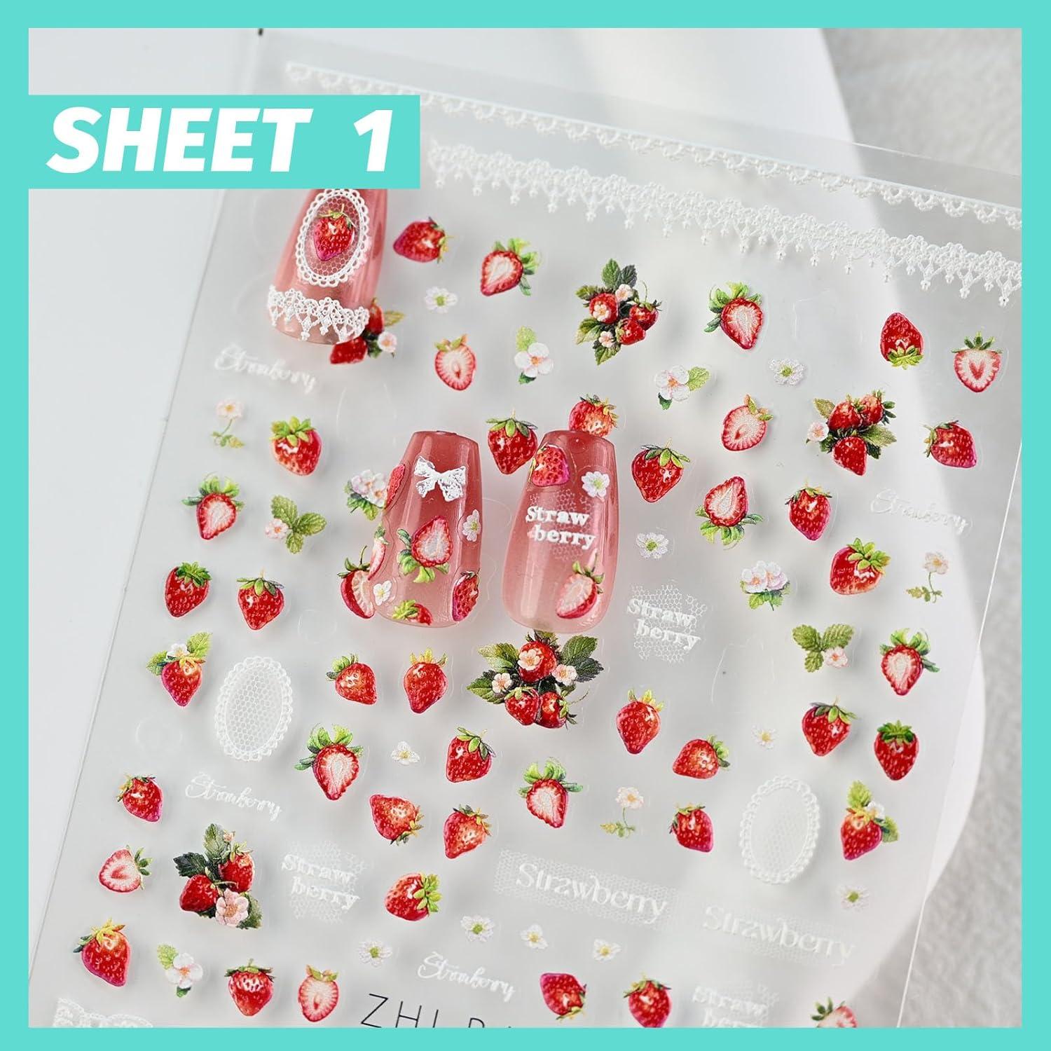 Calcomanías de Uñas 3D CESTSIREN Encaje de Fresa - 3 Hojas