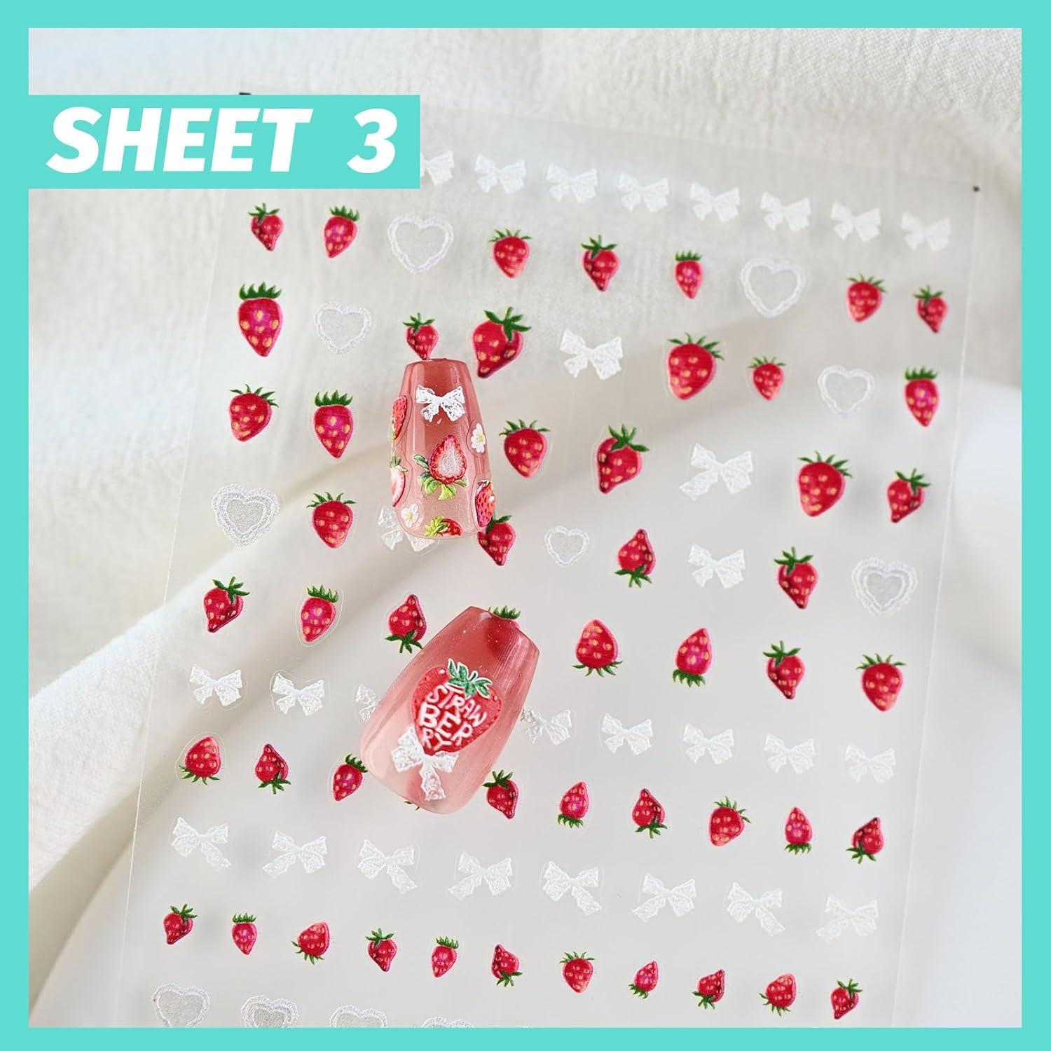 Calcomanías de Uñas 3D CESTSIREN Encaje de Fresa - 3 Hojas