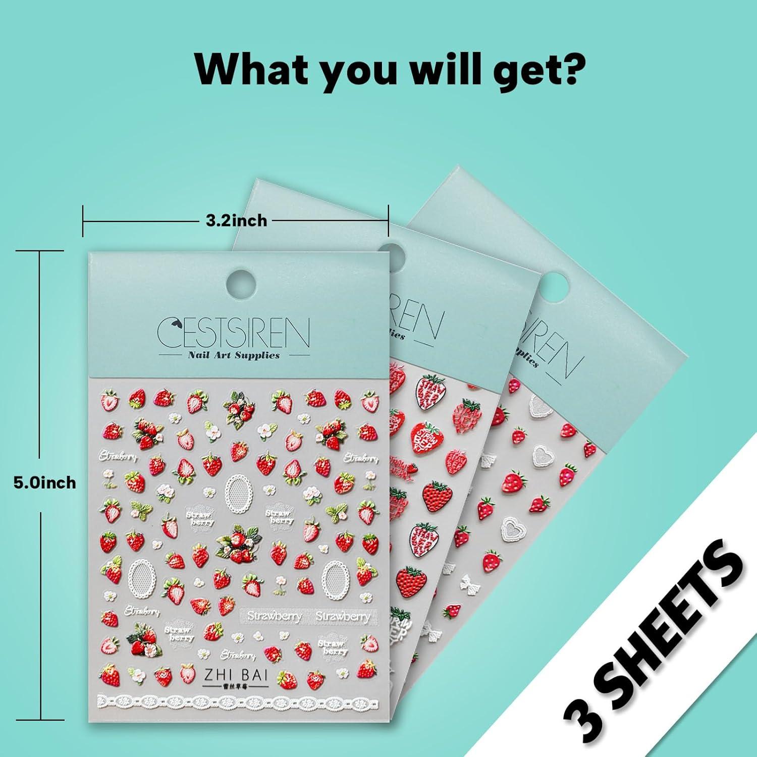 Calcomanías de Uñas 3D CESTSIREN Encaje de Fresa - 3 Hojas