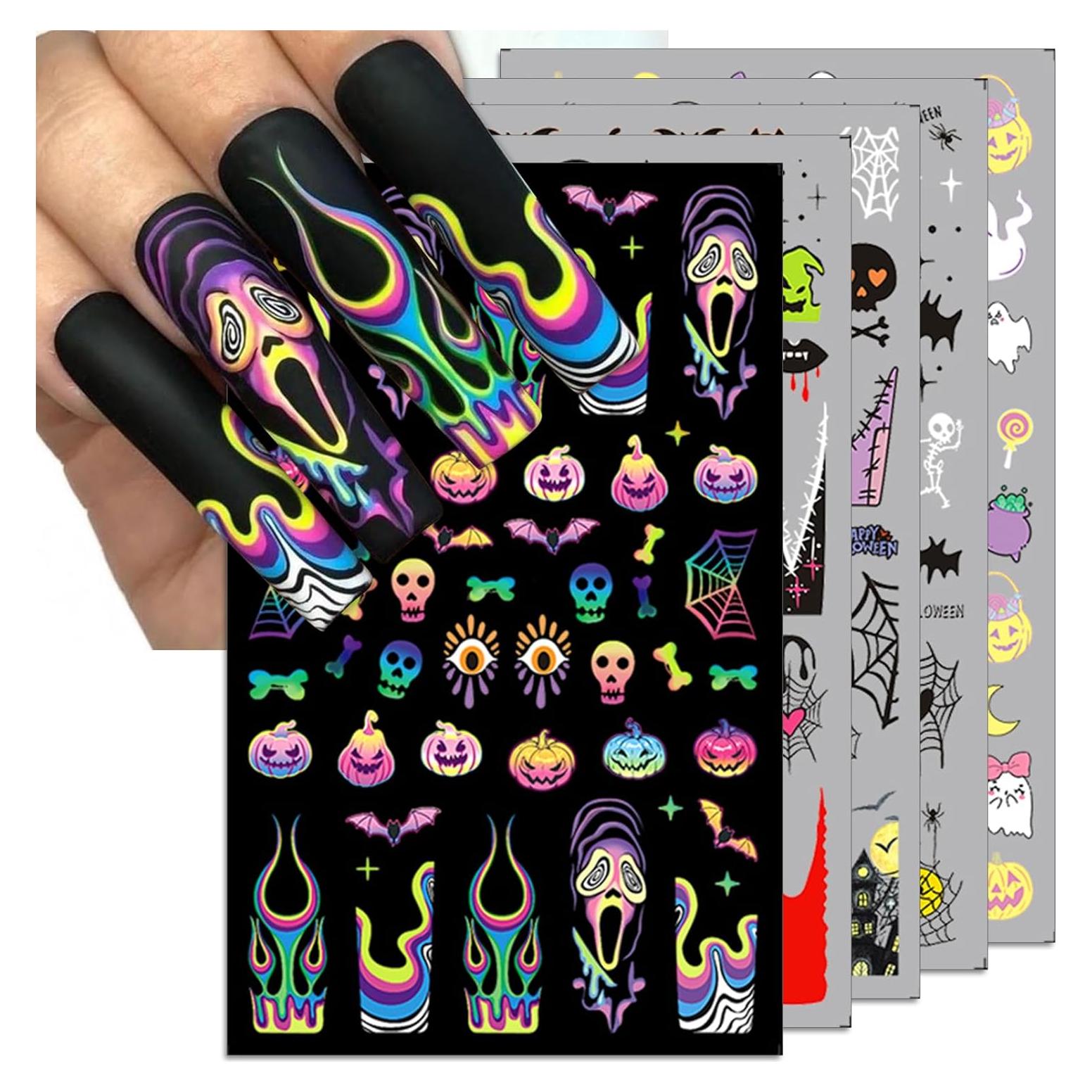 Calcomanías de Uñas Halloween IDDFEVE 5 Hojas 3D Autoadhesivas