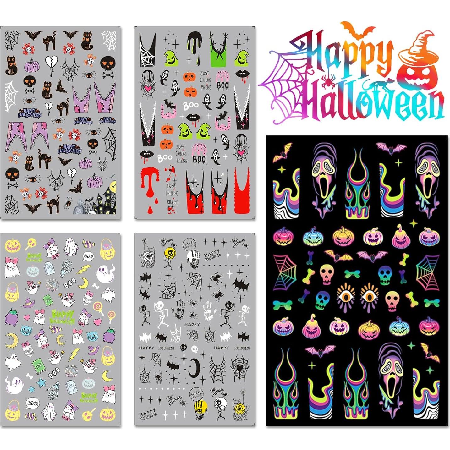 Calcomanías de Uñas Halloween IDDFEVE 5 Hojas 3D Autoadhesivas