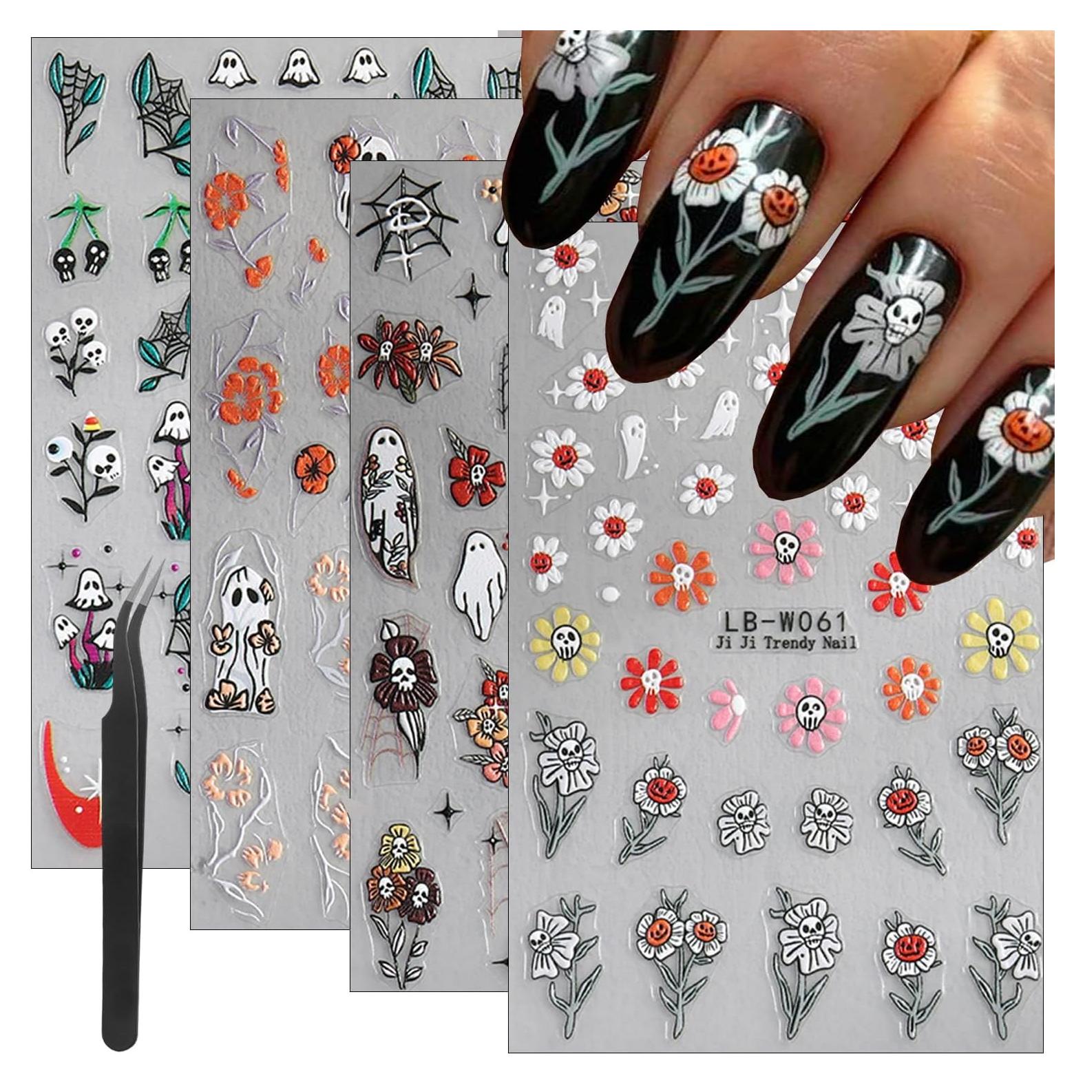 Calcomanías de Uñas de Halloween DAJIJIYOU - 4 Hojas 3D