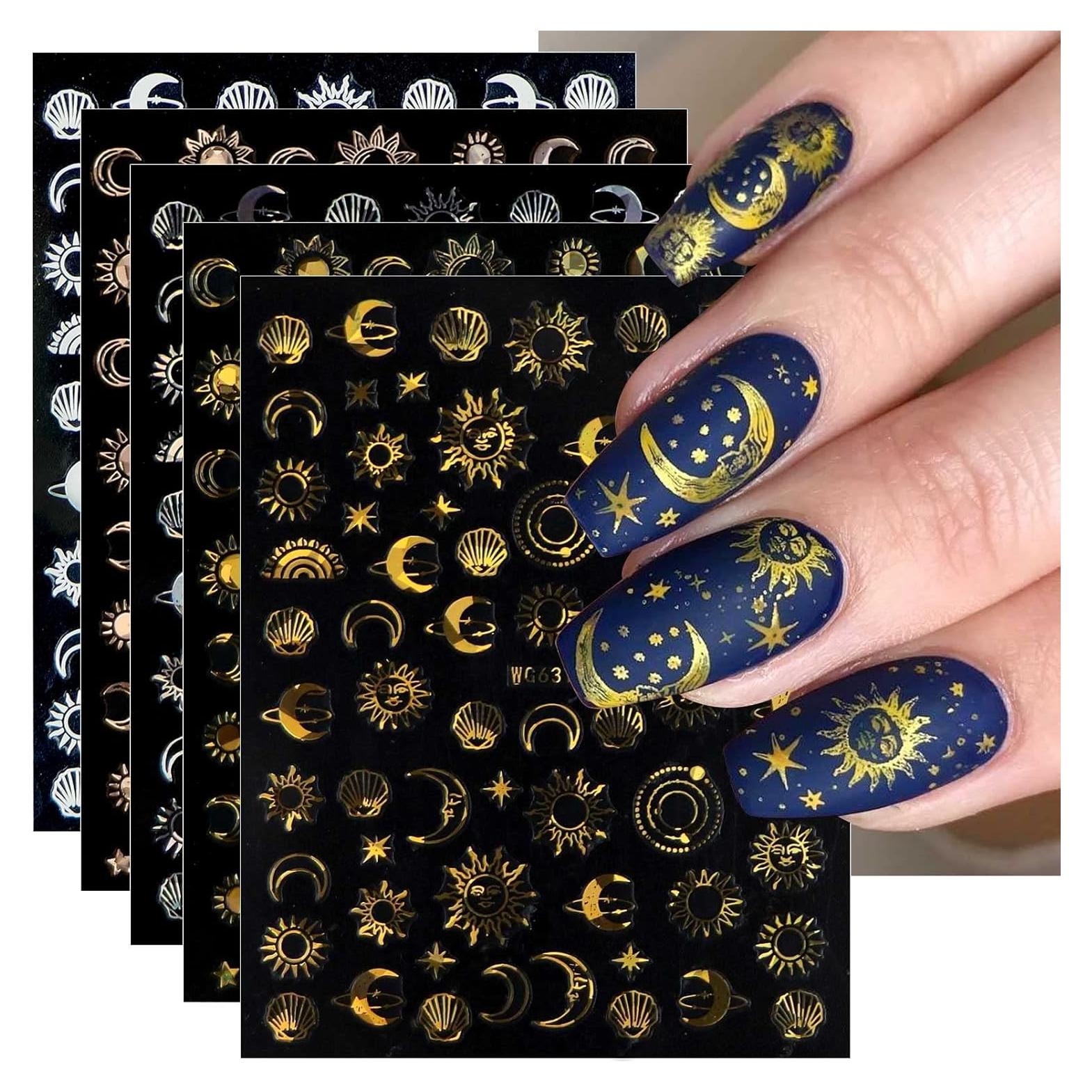 Pegatinas de Uñas Autoadhesivas JMEOWIO 10 Hojas Diseño Luna Estrella