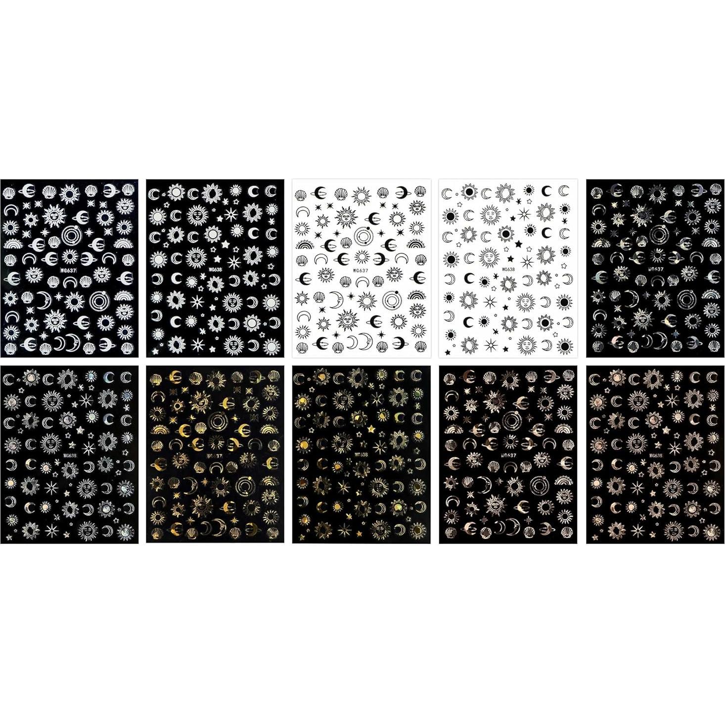 Pegatinas de Uñas Autoadhesivas JMEOWIO 10 Hojas Diseño Luna Estrella