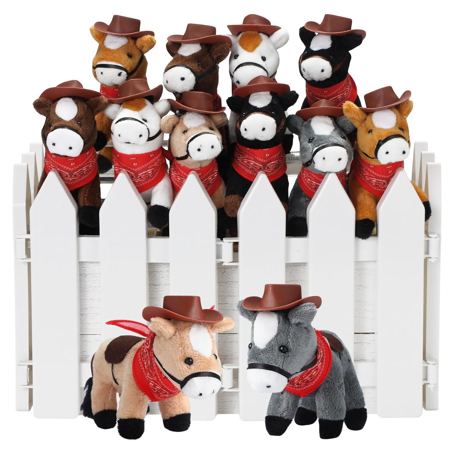 Paquete de 12 Mini Caballos de Peluche 10 cm con Sombrero y Bandana