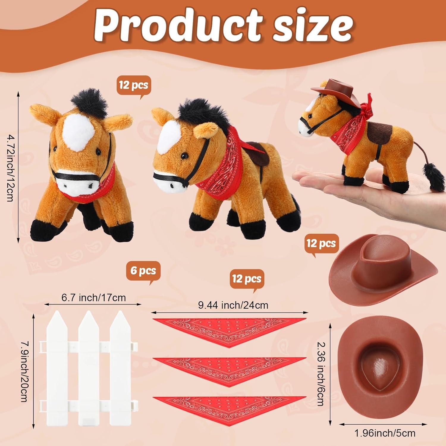 Paquete de 12 Mini Caballos de Peluche 10 cm con Sombrero y Bandana