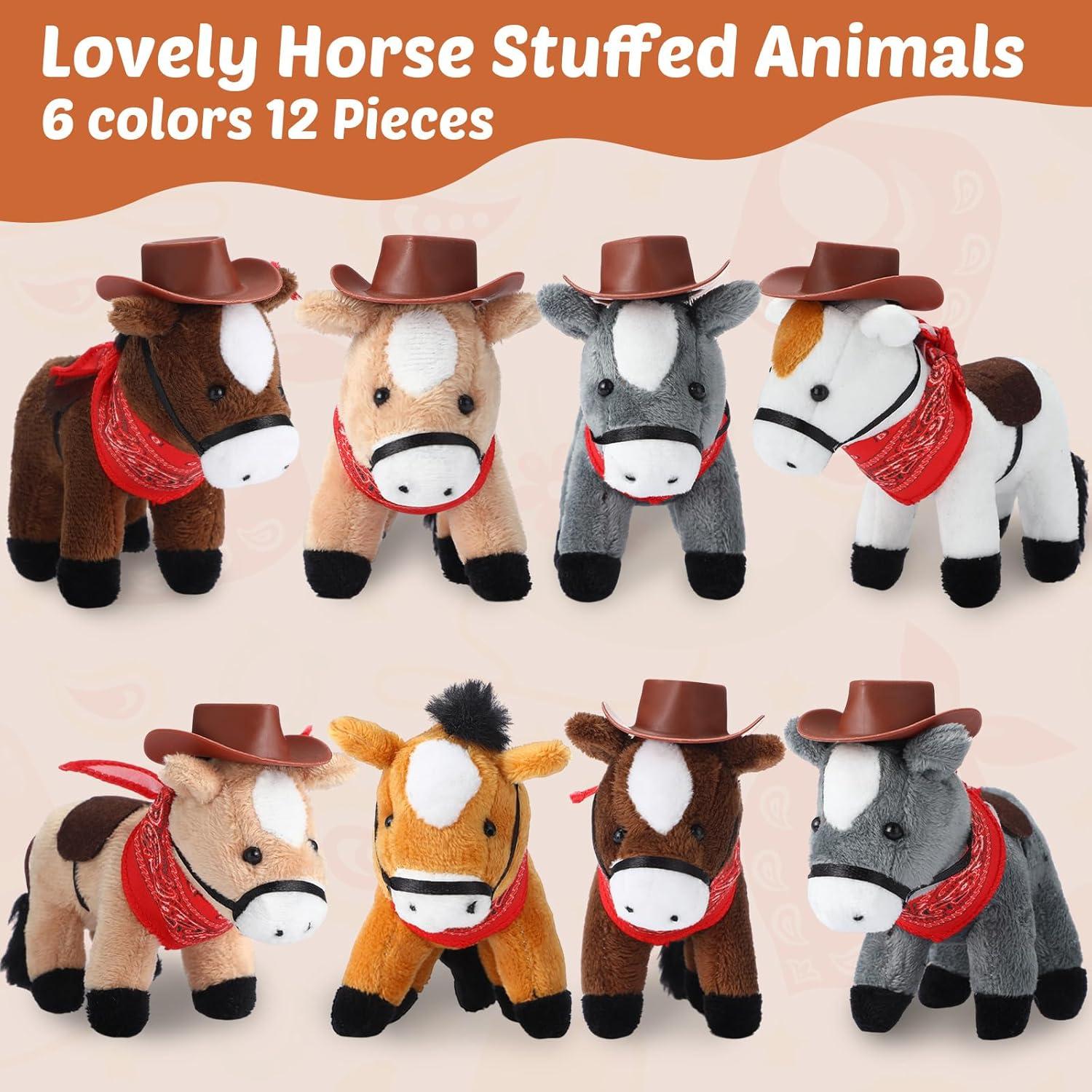 Paquete de 12 Mini Caballos de Peluche 10 cm con Sombrero y Bandana