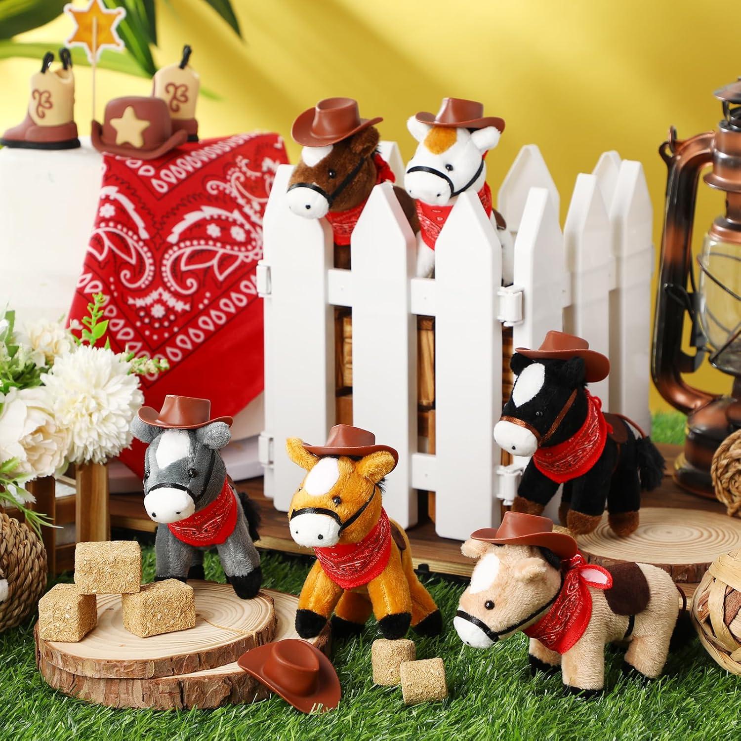 Paquete de 12 Mini Caballos de Peluche 10 cm con Sombrero y Bandana