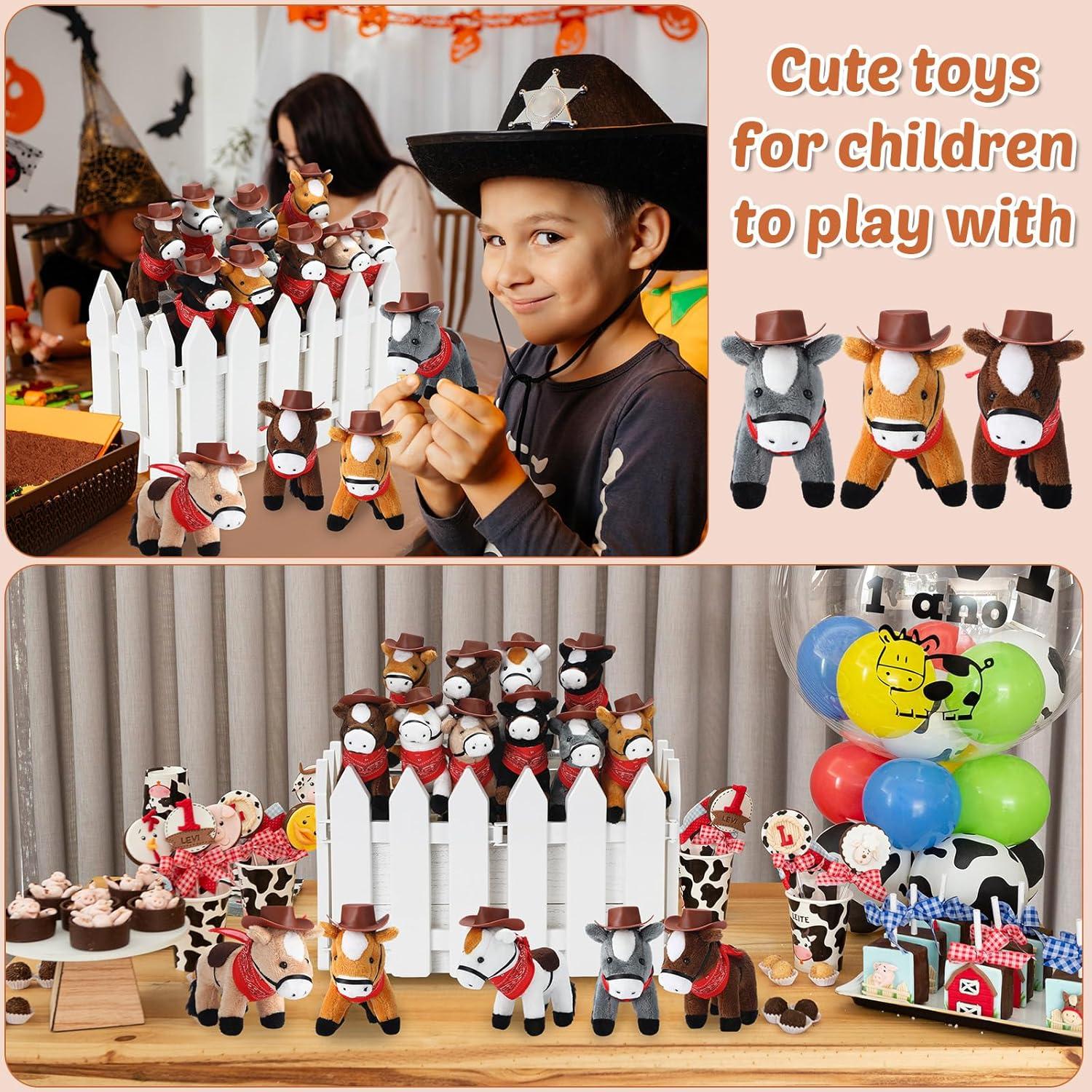 Paquete de 12 Mini Caballos de Peluche 10 cm con Sombrero y Bandana