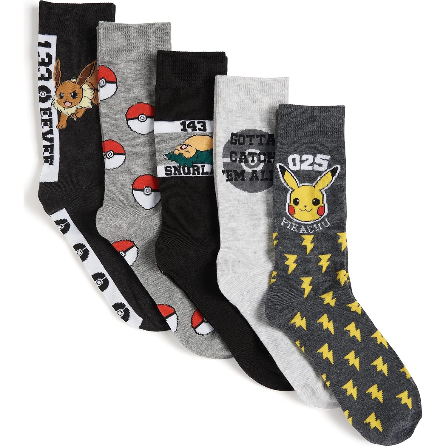 Calcetines de tripulación Pokemon para hombres - Paquete de 5 pares
