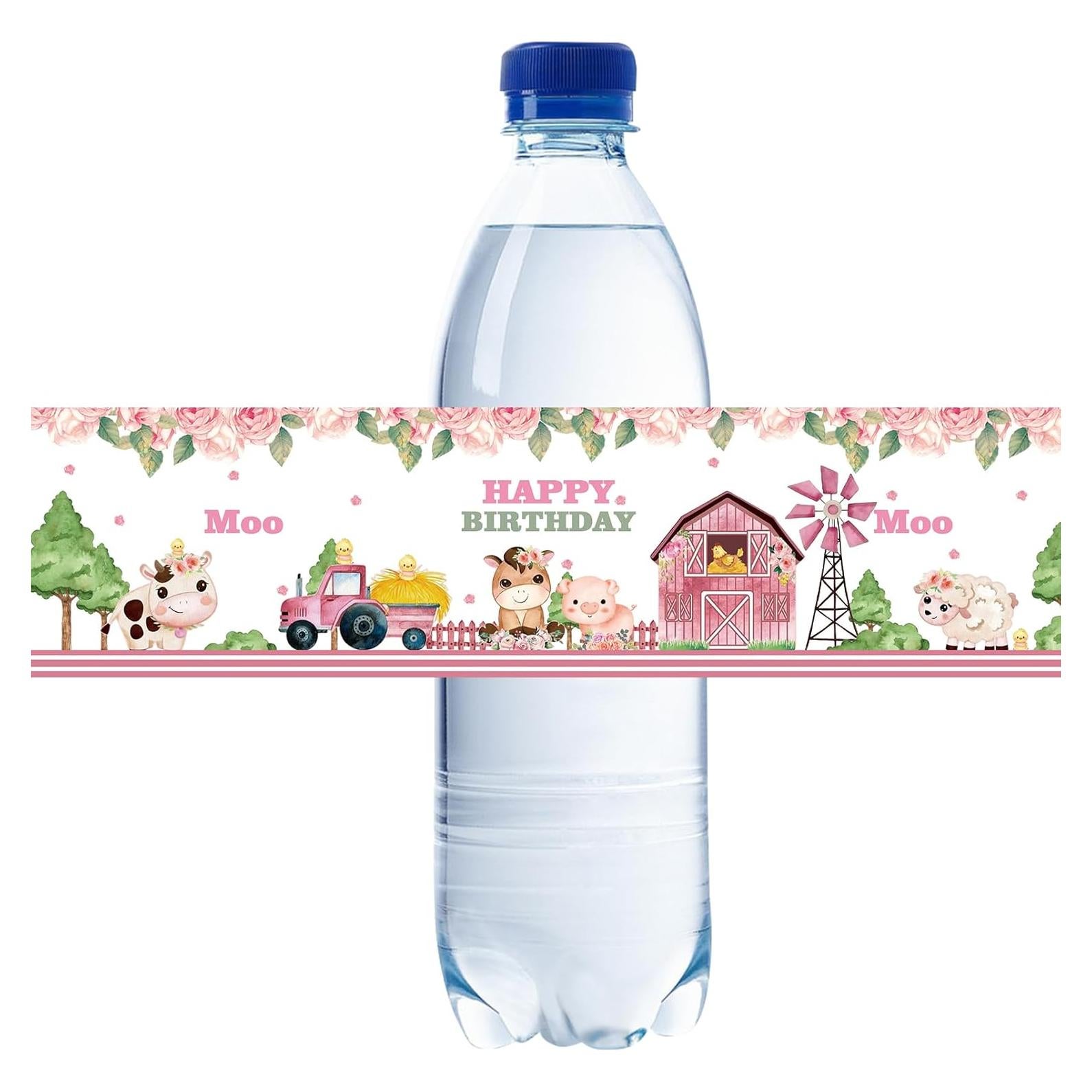 Etiquetas de Botellas de Agua Rosa 32 Piezas Cumpleaños Vaca
