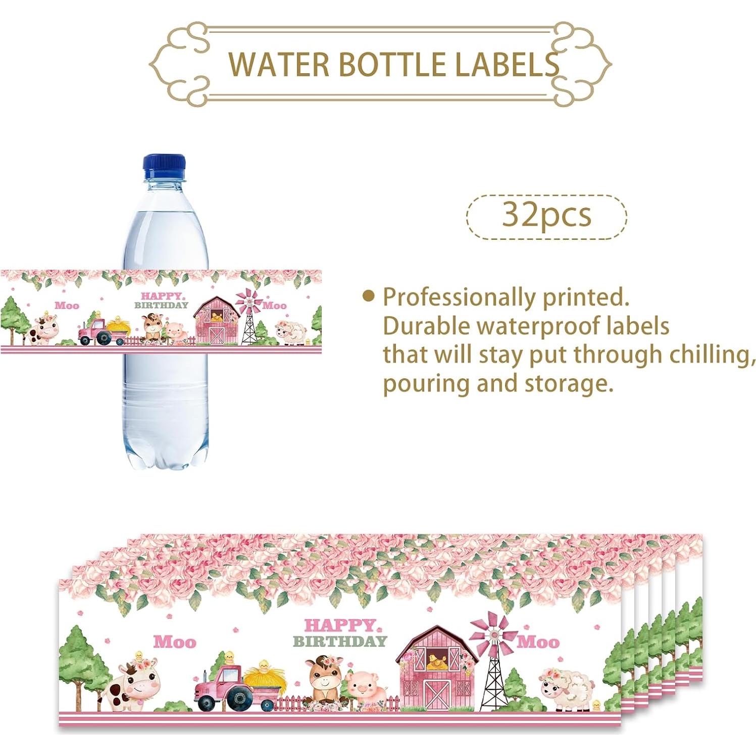 Etiquetas de Botellas de Agua Rosa 32 Piezas Cumpleaños Vaca