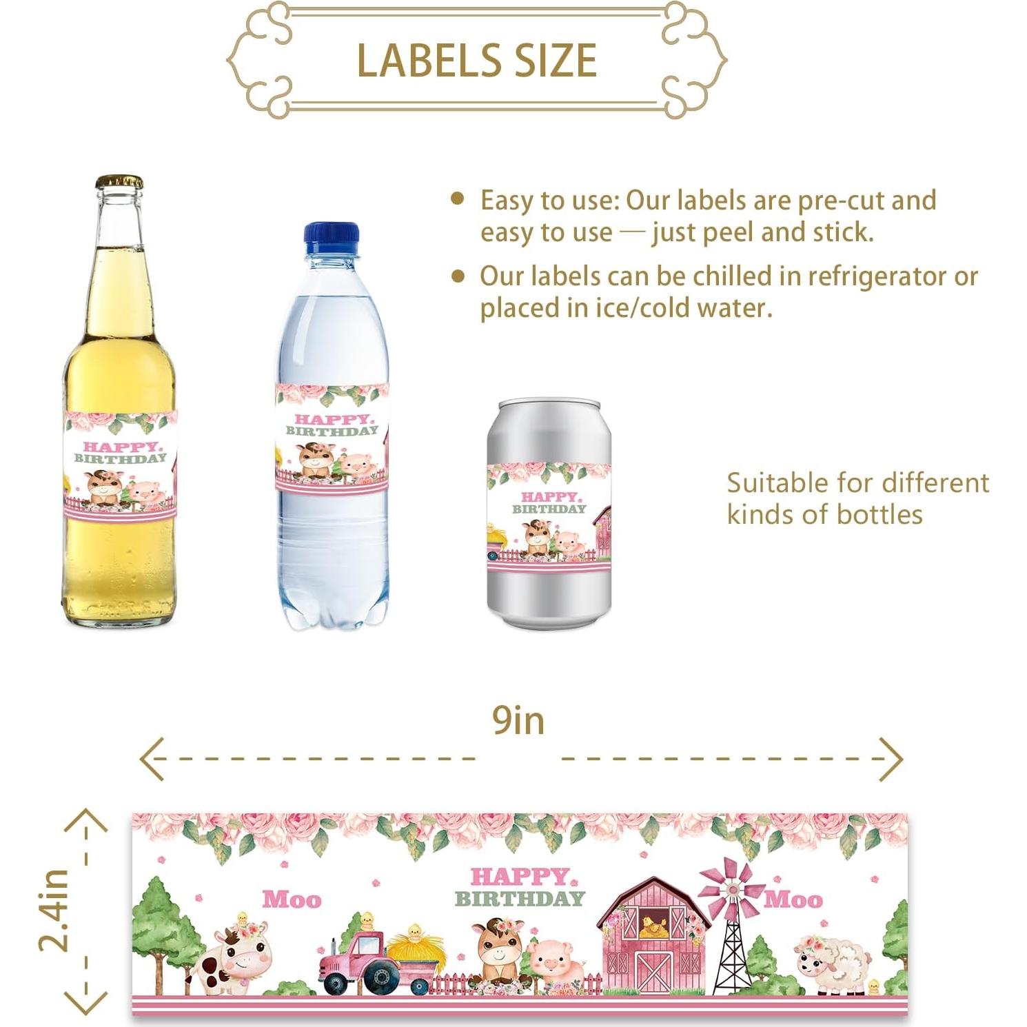 Etiquetas de Botellas de Agua Rosa 32 Piezas Cumpleaños Vaca