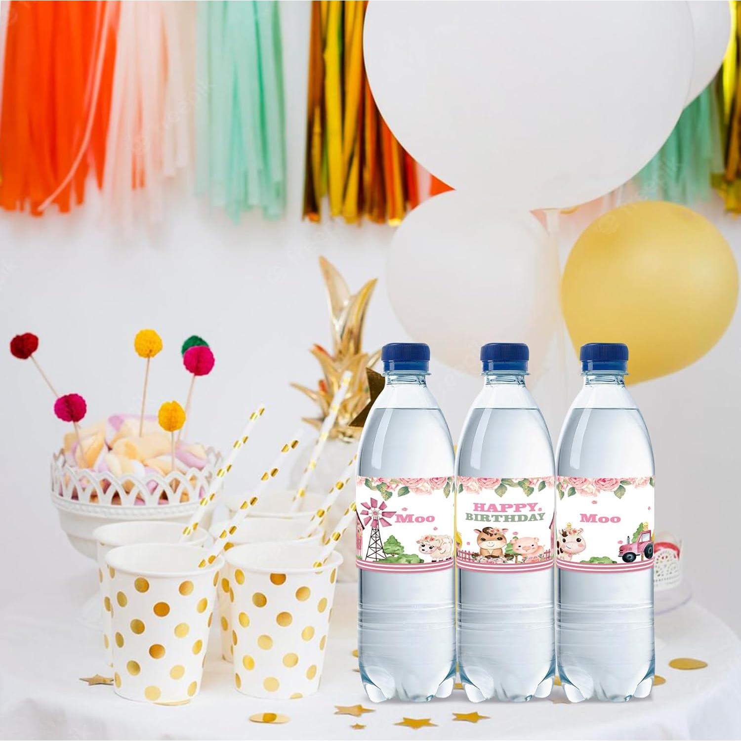 Etiquetas de Botellas de Agua Rosa 32 Piezas Cumpleaños Vaca