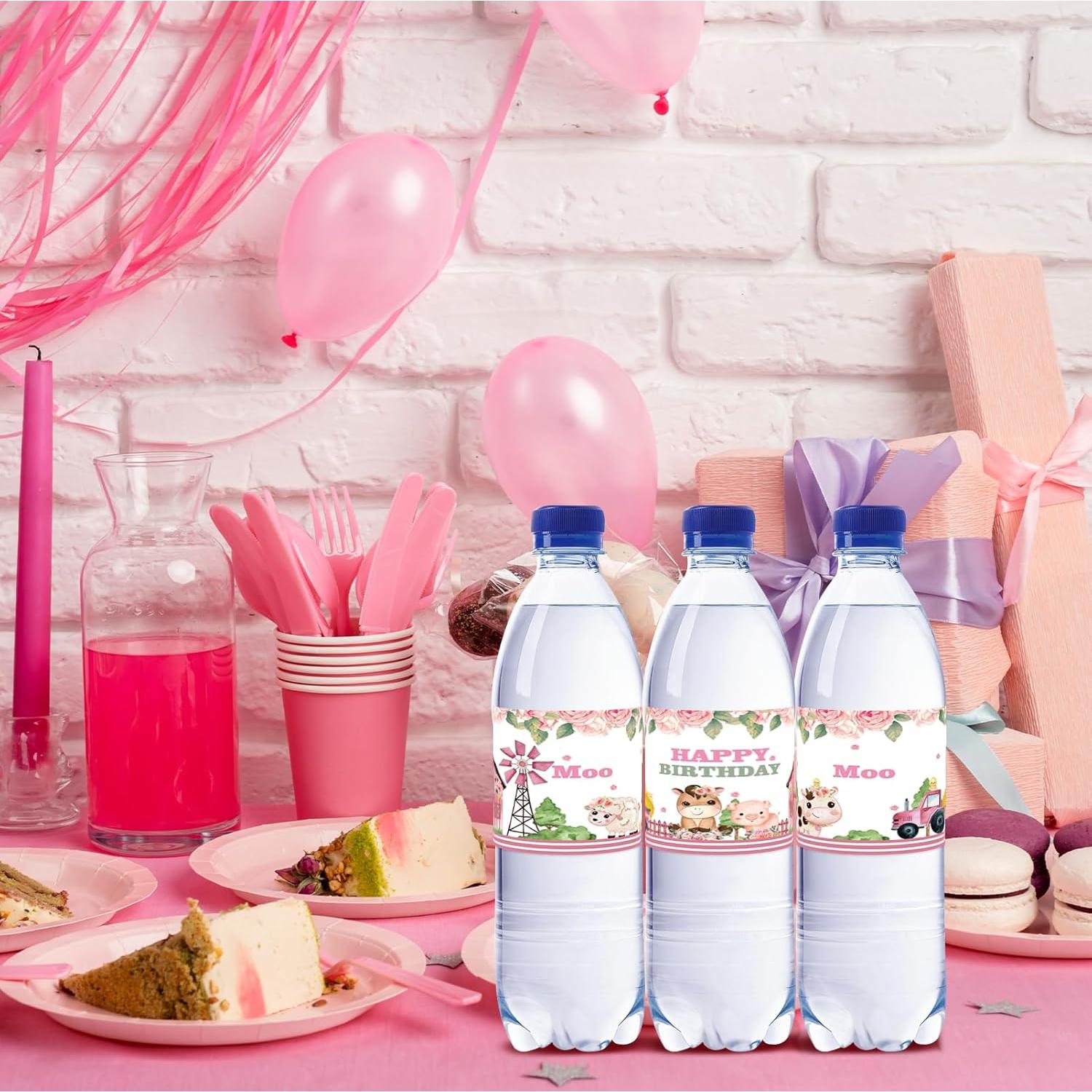 Etiquetas de Botellas de Agua Rosa 32 Piezas Cumpleaños Vaca