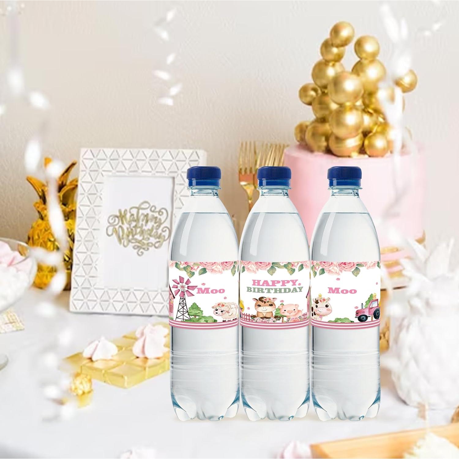 Etiquetas de Botellas de Agua Rosa 32 Piezas Cumpleaños Vaca