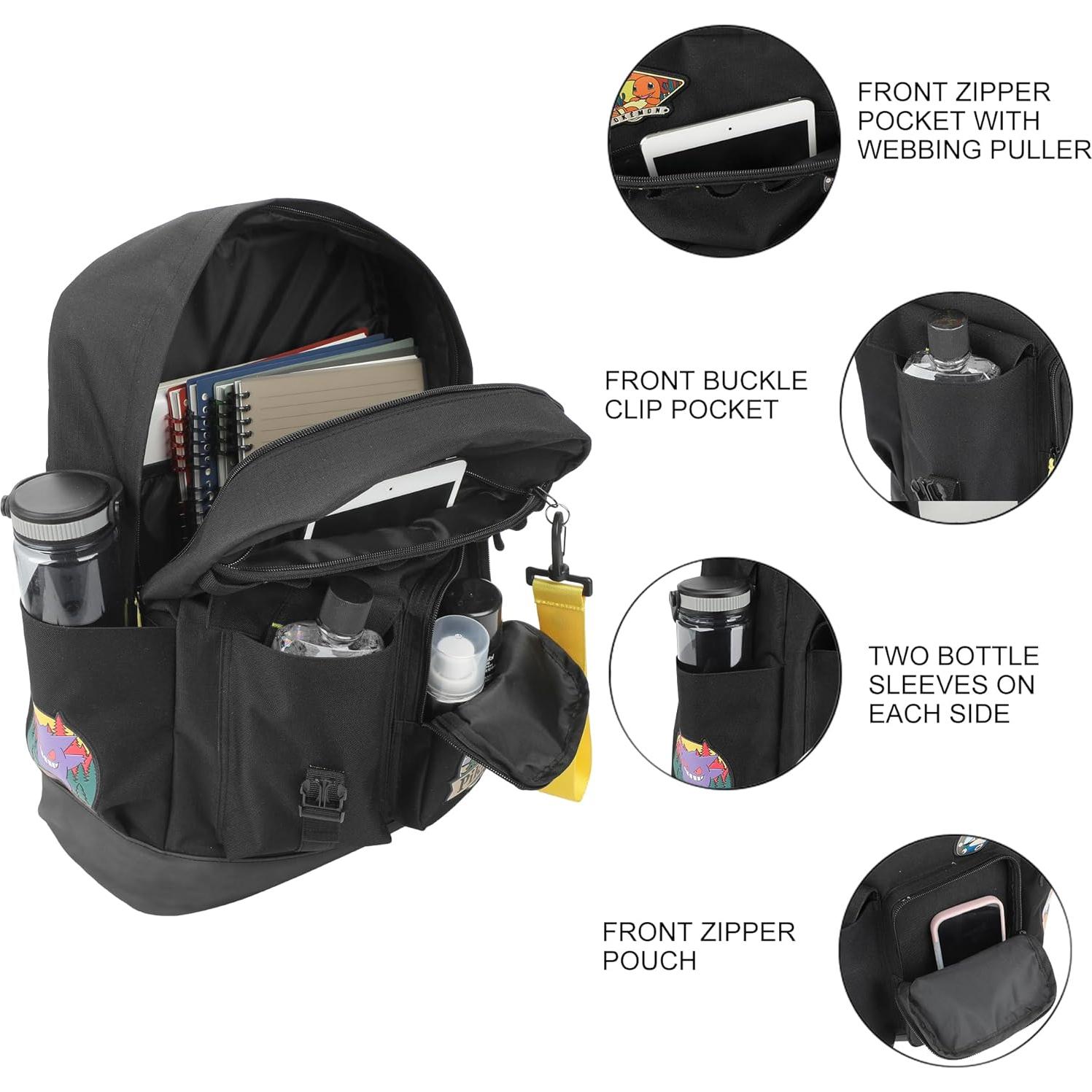 Mochila Negra Pokémon 19" con Parches de Pikachu y Amigos