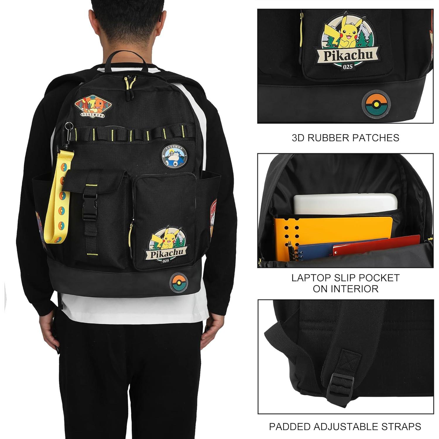 Mochila Negra Pokémon 19" con Parches de Pikachu y Amigos