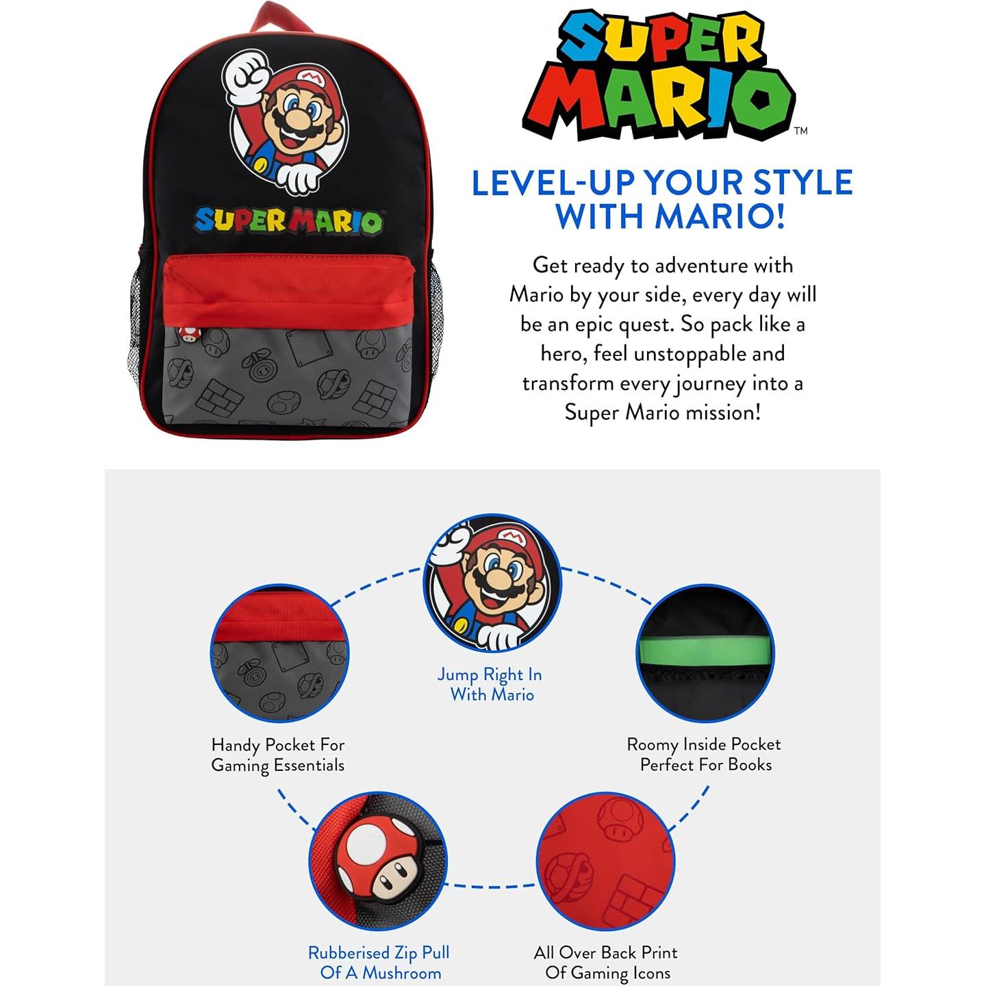 Mochila Escolar Super Mario para Niños - Negra 19L