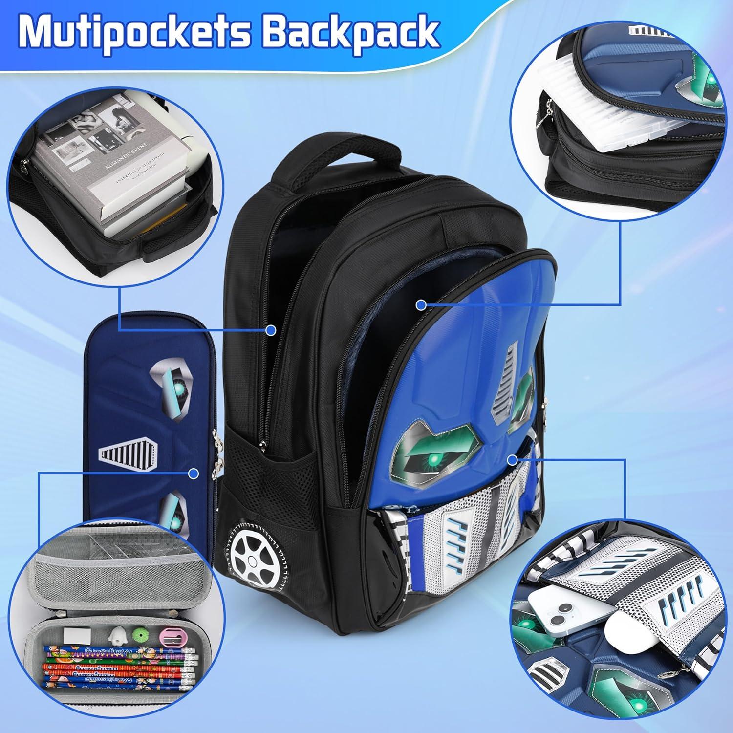 Mochila Escolar Niños Azul - Caricatura Luminosa con Estuche