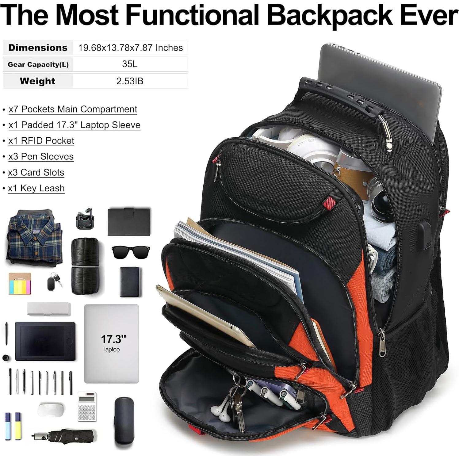 Mochila Boavan para Laptop 17.3" Impermeable Negro/Naranja