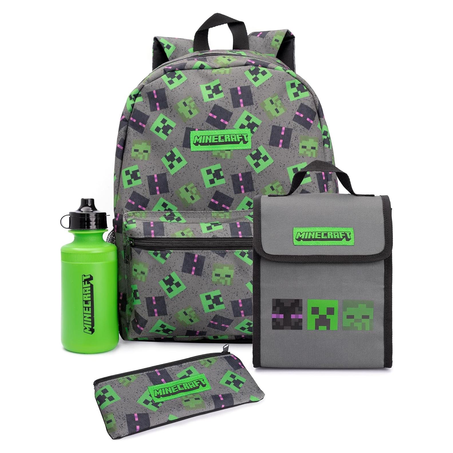 Mochila Escolar Minecraft 4 Piezas Gris - Creeper, Zombie, Enderman