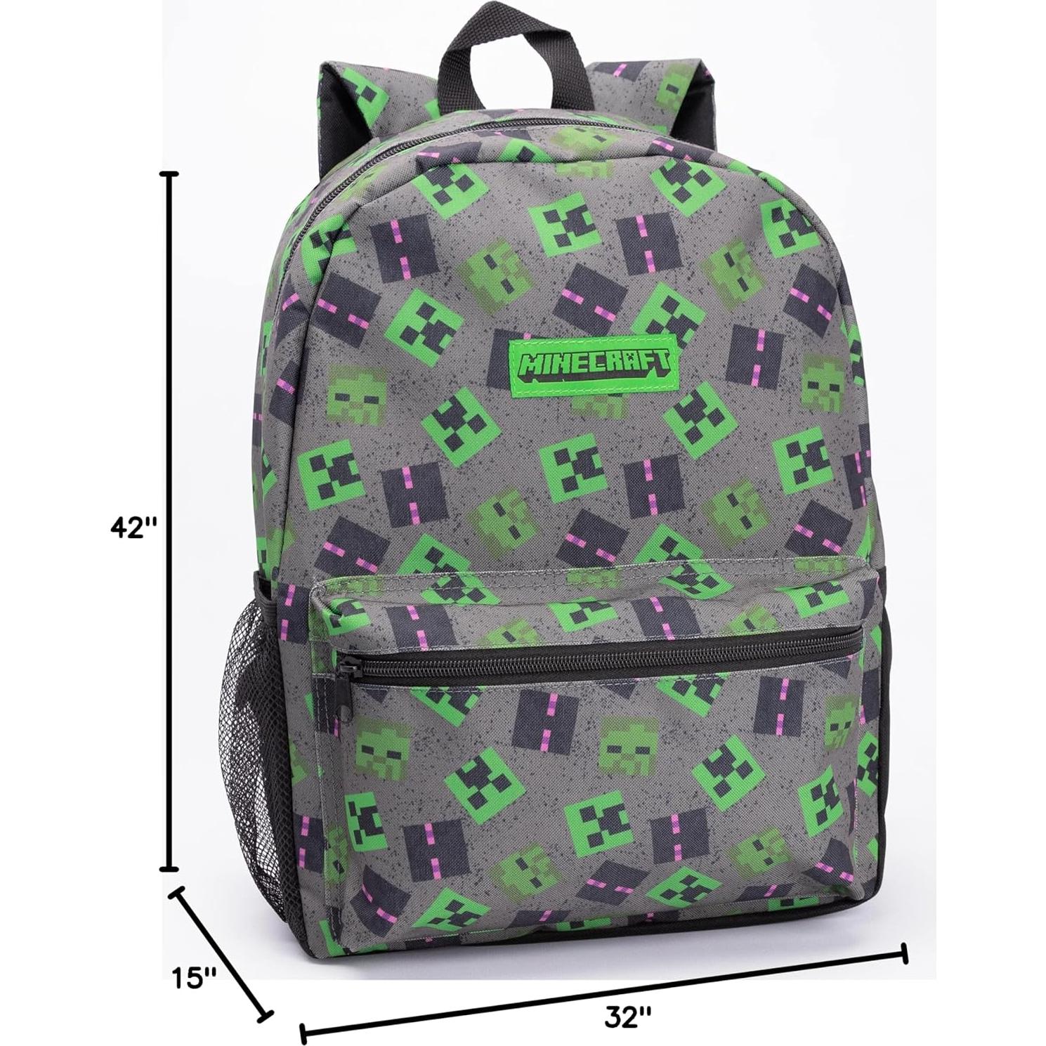 Mochila Escolar Minecraft 4 Piezas Gris - Creeper, Zombie, Enderman