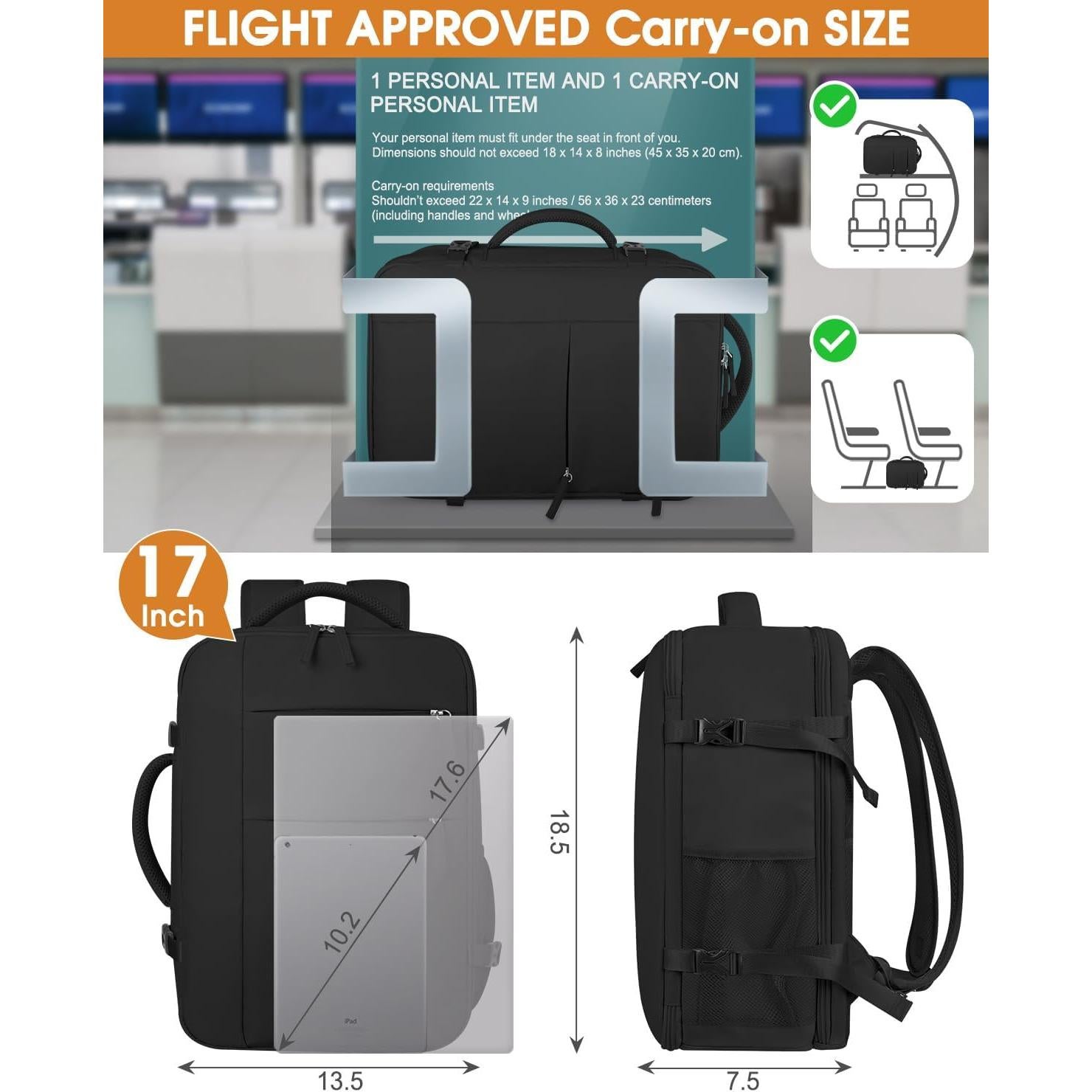 Mochila de Viaje Capolo 17" Impermeable Unisex 25L Negra