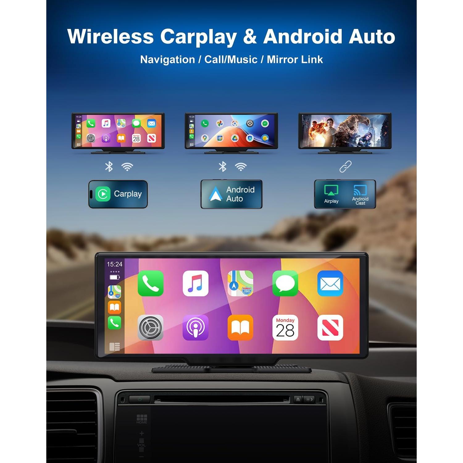 Car Play Screen with 4K Dash cam 10.26 Inch Compatible with Apple Carplay/Android Auto, Carplay Screen for Car 1080P Backup Camera GPS Navigation/Mirror Link/Voice Control