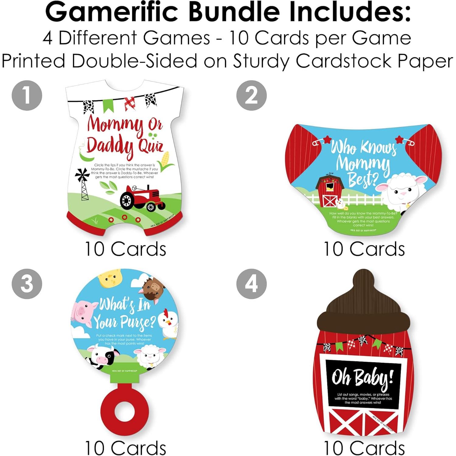 Juegos de Baby Shower Granja - 4 Juegos + 40 Tarjetas