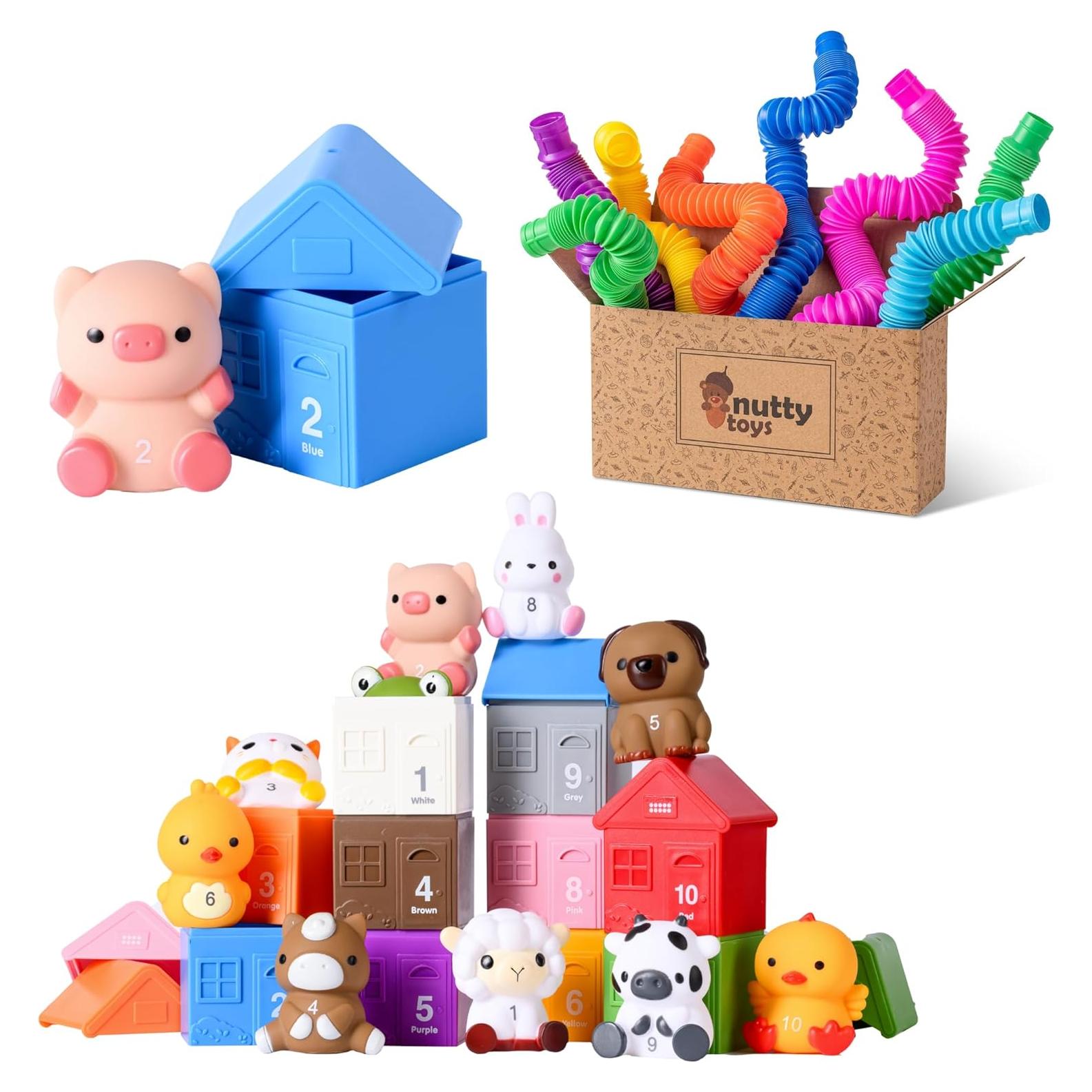 Paquete Juguetes Sensoriales Nutty Toys - Animales de Granja y Tubos Pop