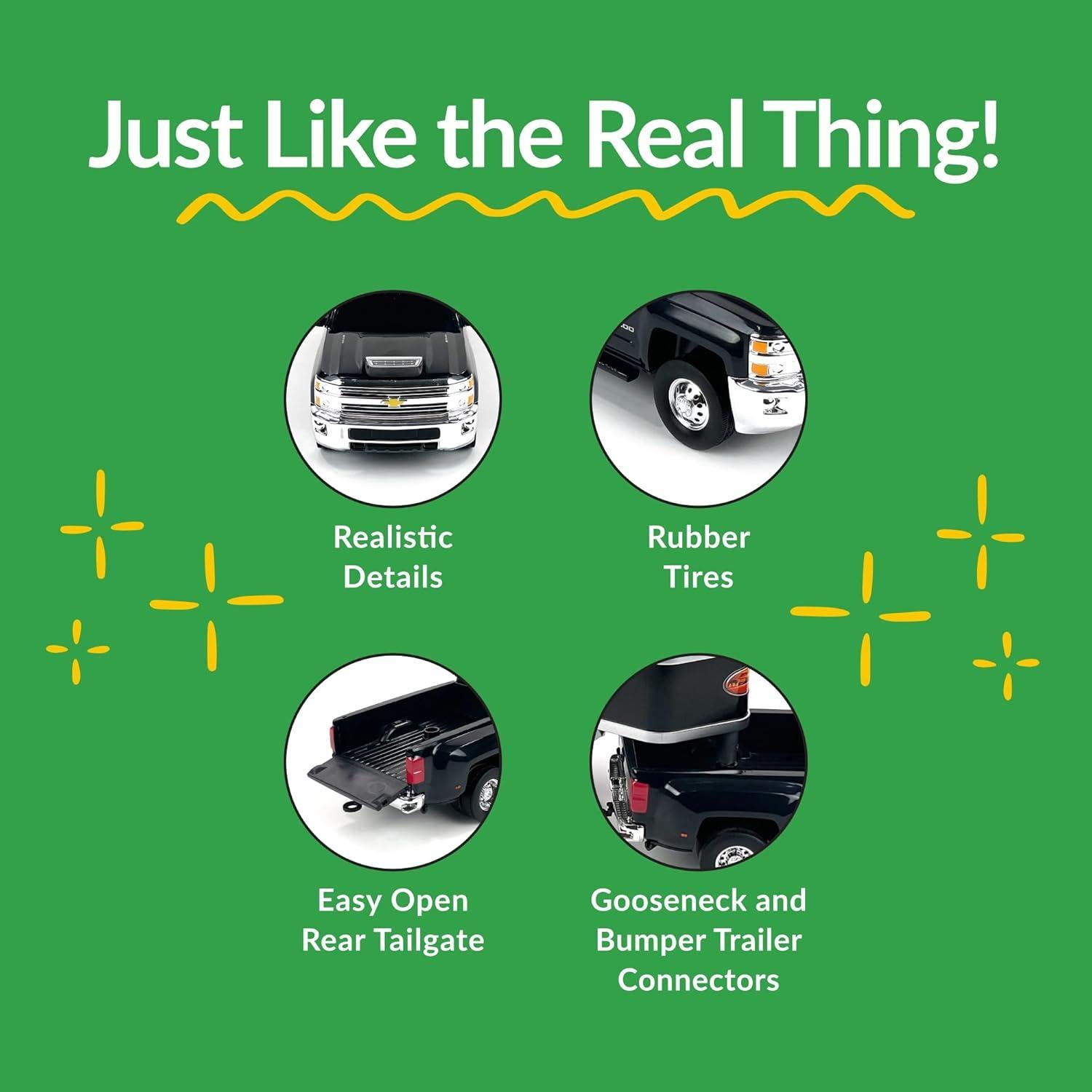 Big Country Toys Realistic Chevrolet Silverado Dually Truck Toy & Trailer Hitch, 1:20 Scale Farm Toys for 3 Year Old Boys