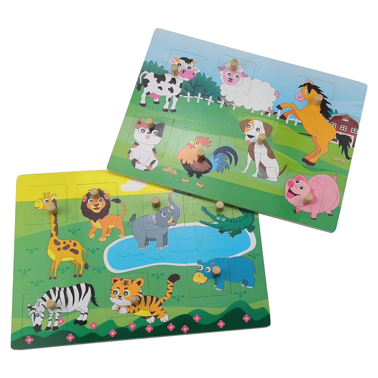 Wooden Mix and Match Peg Puzzle Set of 2 pcs -Farm & Forest Animals, Jigsaw Knob Puzzle Game Educational Preschool Toys and Gifts 1 Year up