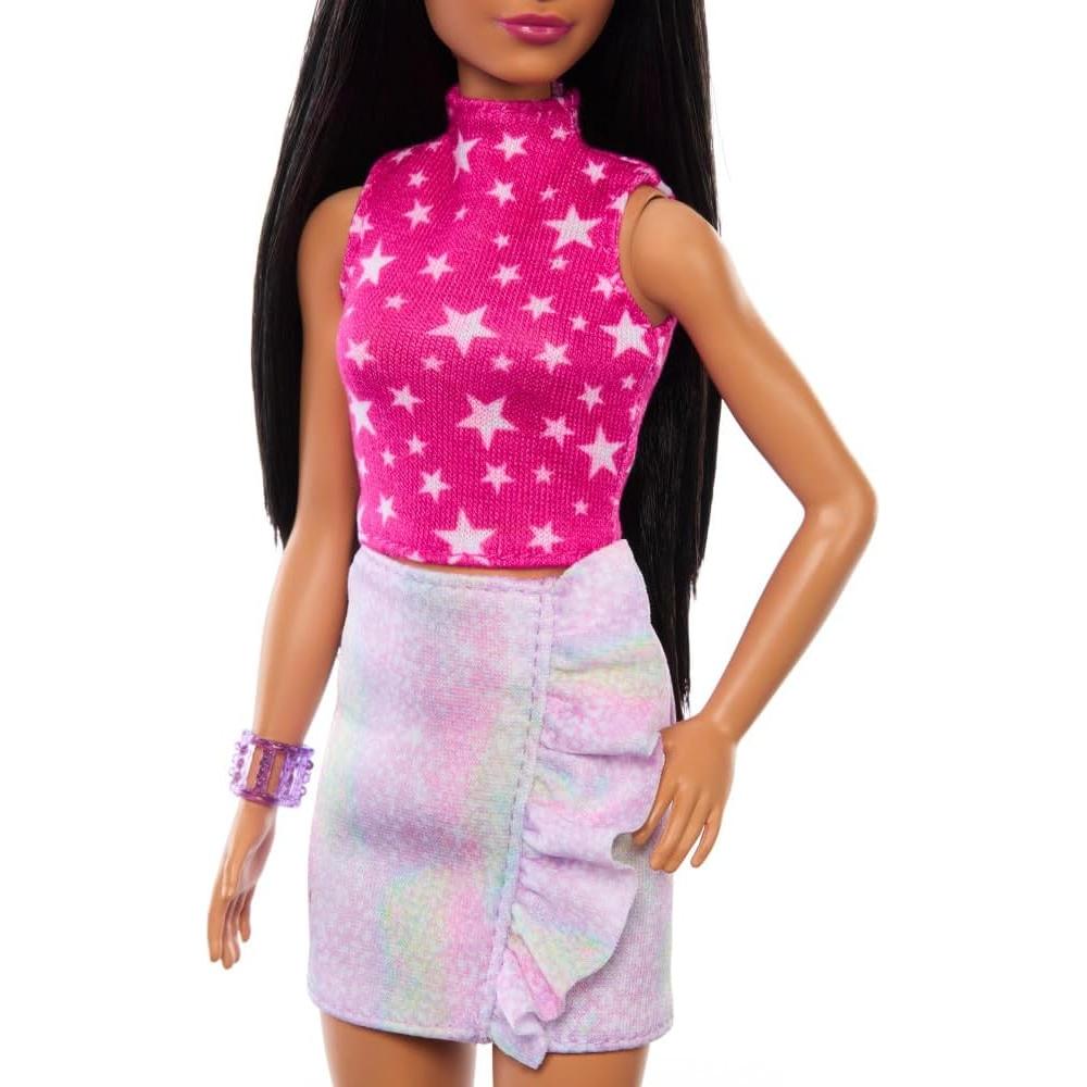 Muñeca Barbie Fashionistas #215 con top rosa y falda iridiscente