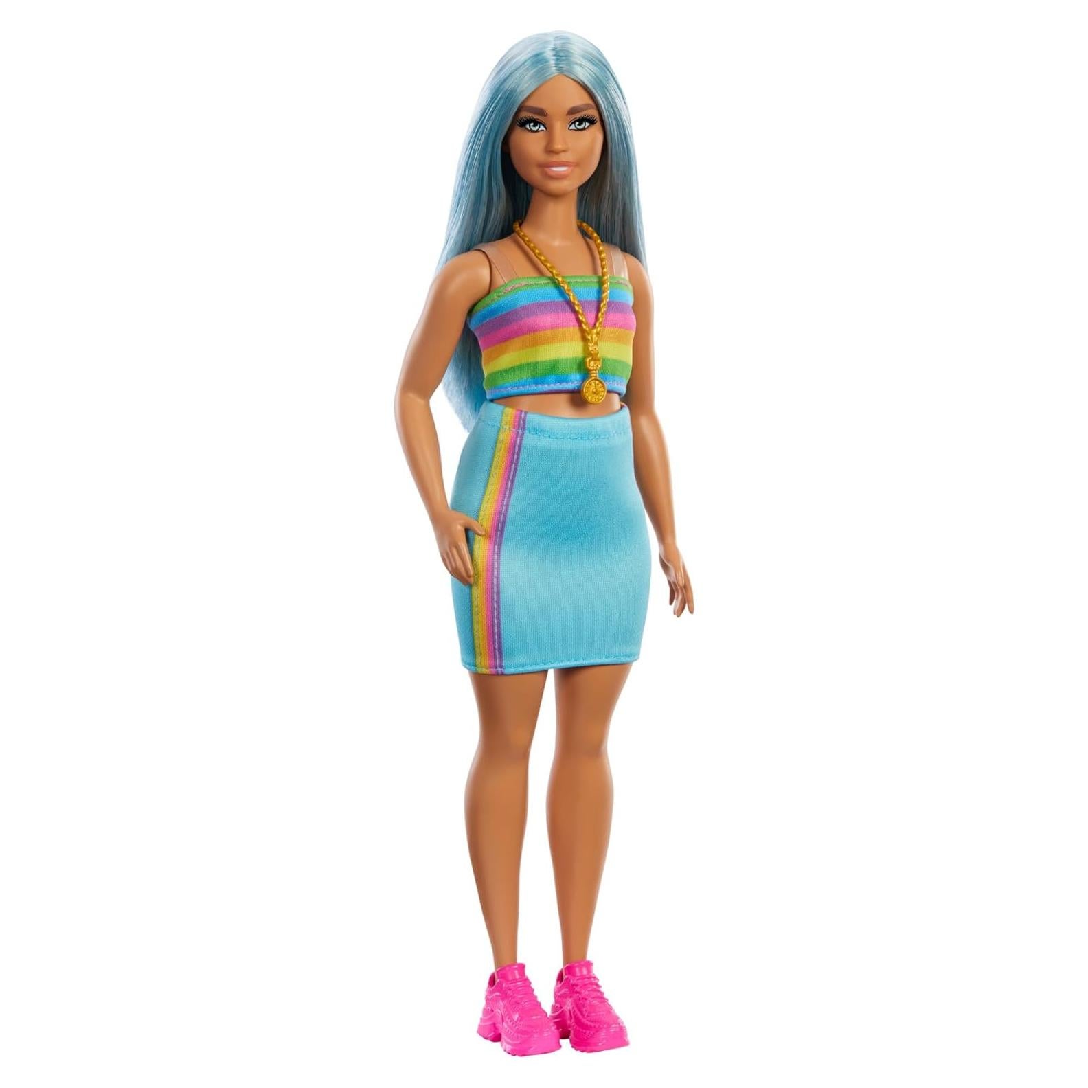 Muñeca Barbie Fashionistas #218 con cabello azul y top arcoíris