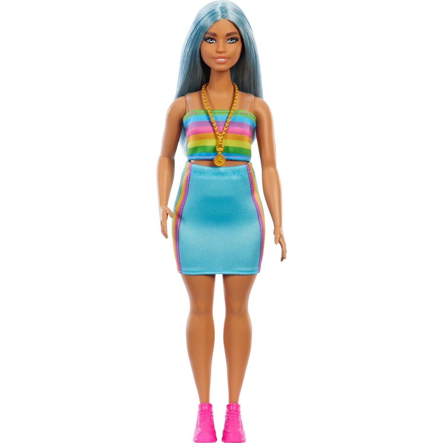 Muñeca Barbie Fashionistas #218 con cabello azul y top arcoíris