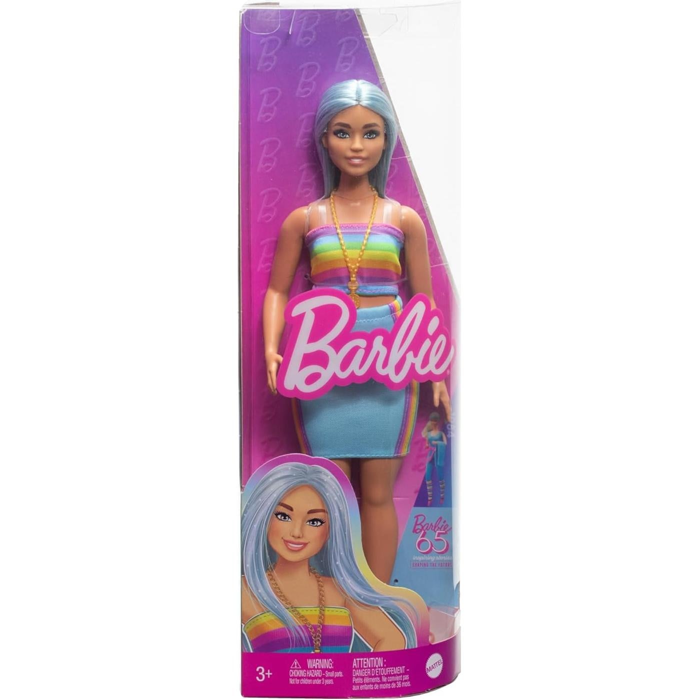 Muñeca Barbie Fashionistas #218 con cabello azul y top arcoíris