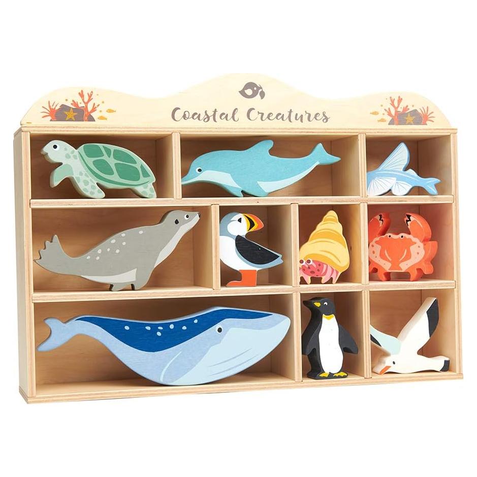 Tender Leaf Toys Coastal Creatures – 8 Wooden Ocean Animal Figurines with a Display Shelf - Classic Toy for Pretend Play – Develops Creative & Imaginative Skills – Learning Role Play – Ages 3+ Years