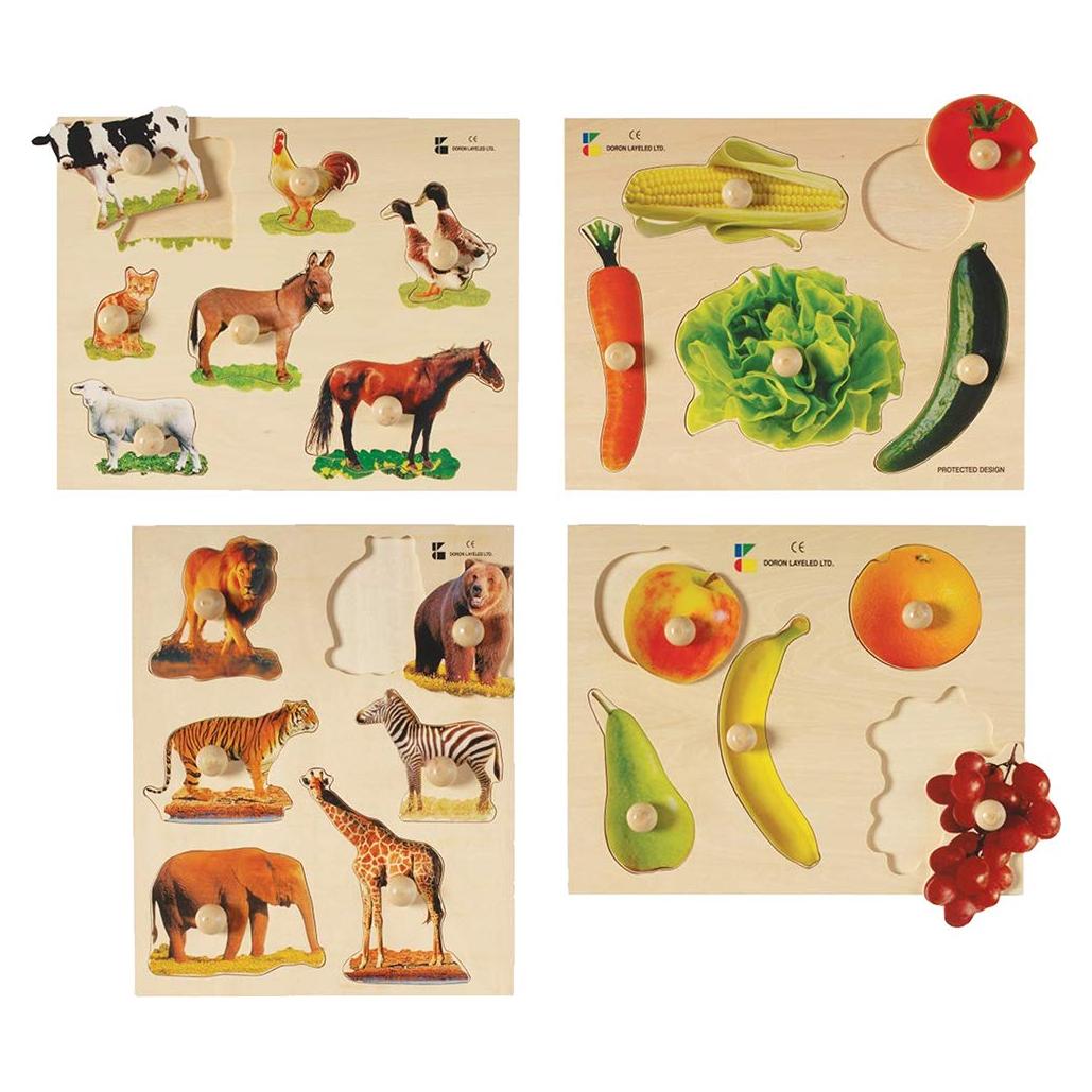 Constructive Playthings Toddler Puzzles, Includes Fruits, Vegetables and Animals Photo Puzzles, Preschool Toys, Knobbed, Wood, Multicolor (Set of 4), Great Gifts for 2-3 Years Old Toddler