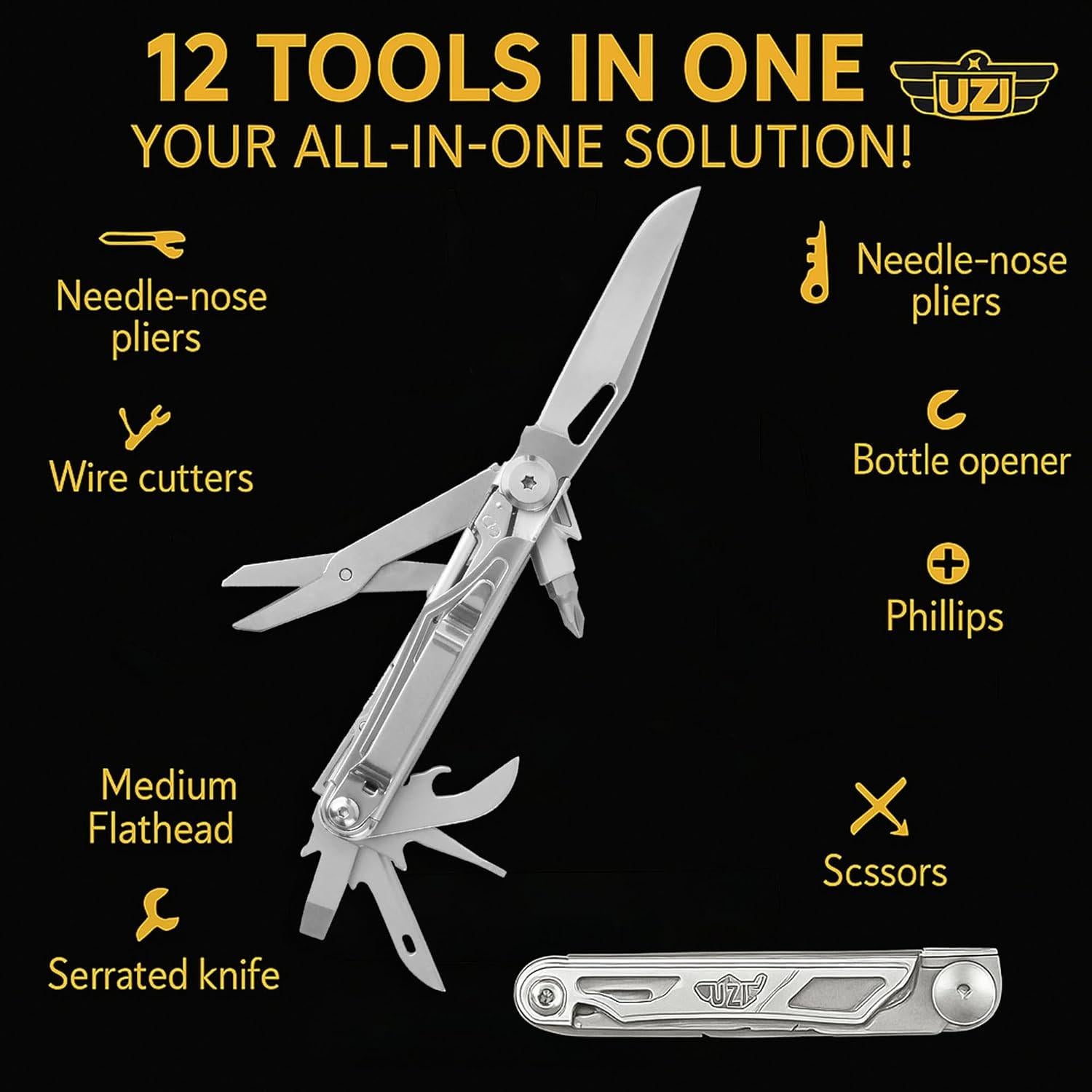Herramienta Multifuncional UZI 12-en-1 Plegable de Acero Inoxidable