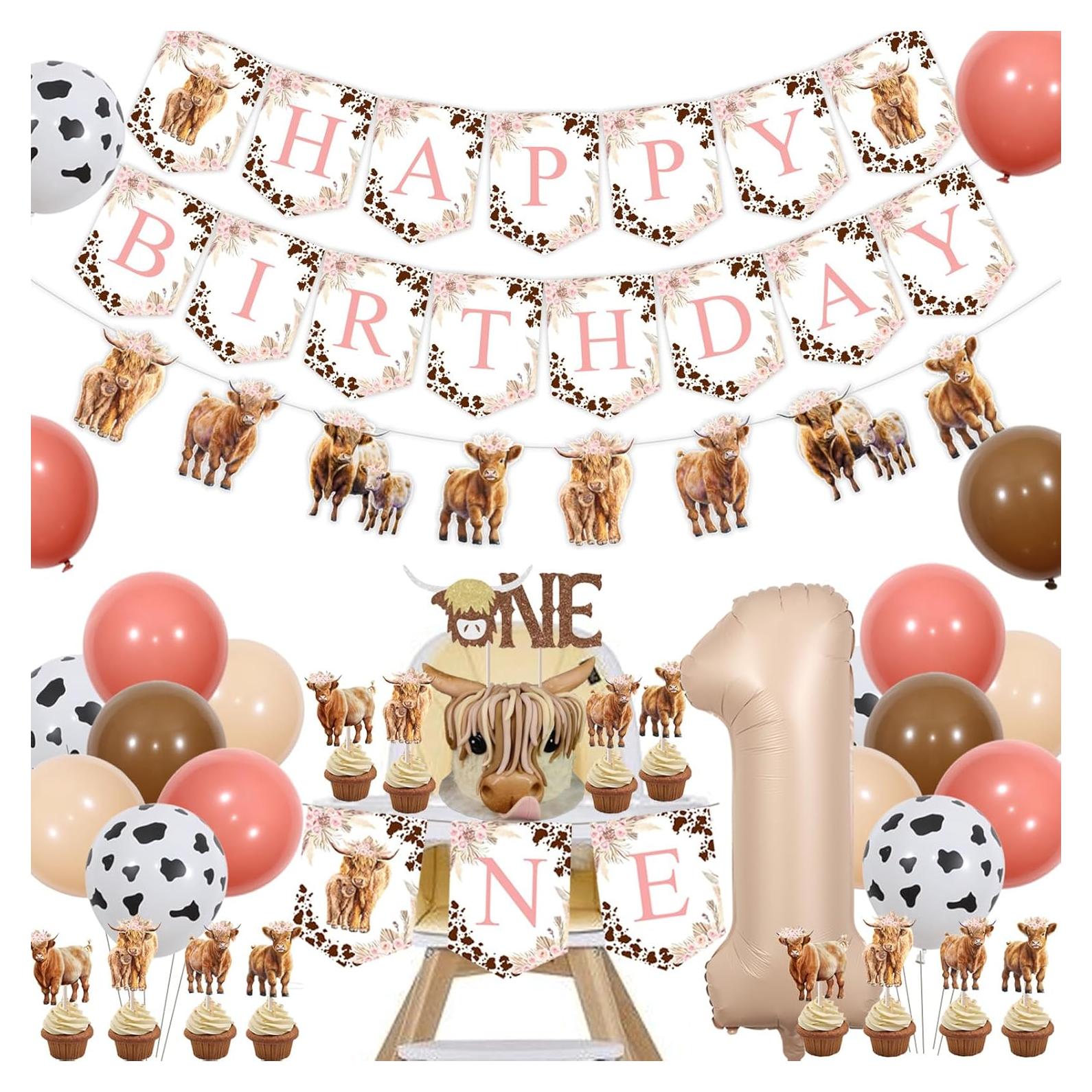 Decoraciones Cumpleaños Vaca Tierras Altas Rosa 1er Año