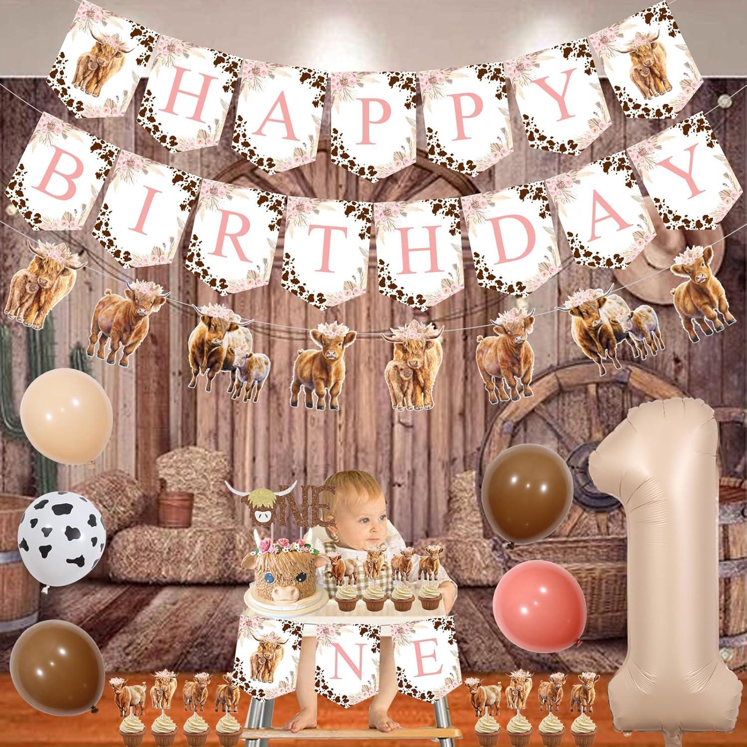 Decoraciones Cumpleaños Vaca Tierras Altas Rosa 1er Año