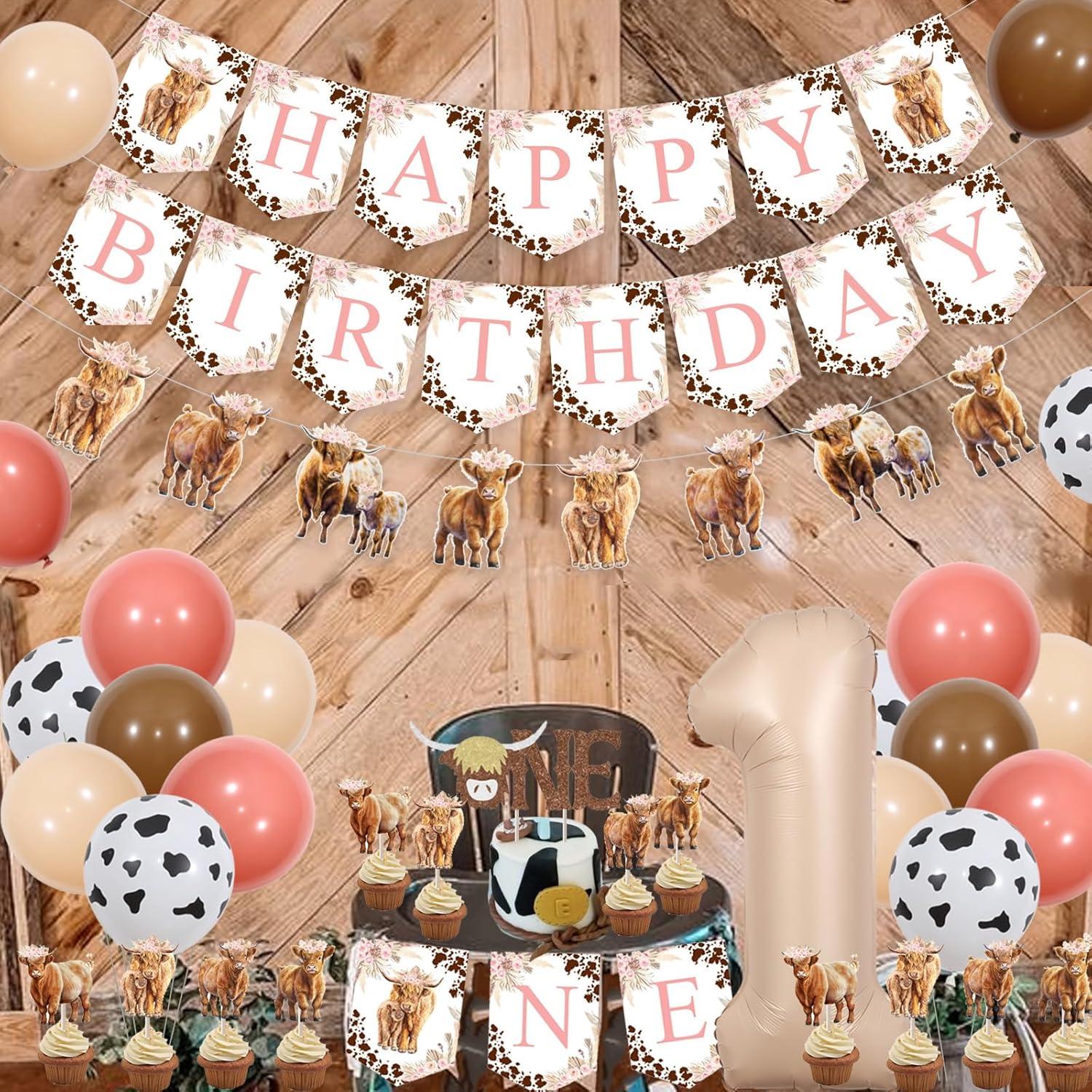 Decoraciones Cumpleaños Vaca Tierras Altas Rosa 1er Año