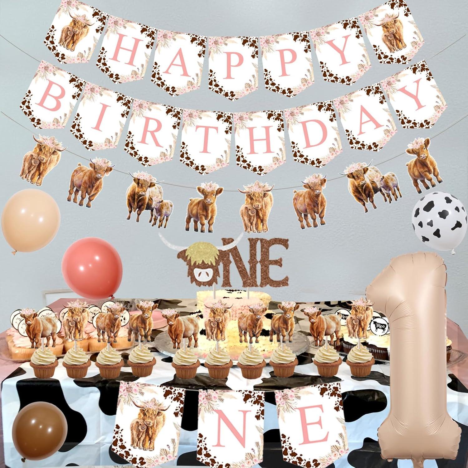 Decoraciones Cumpleaños Vaca Tierras Altas Rosa 1er Año
