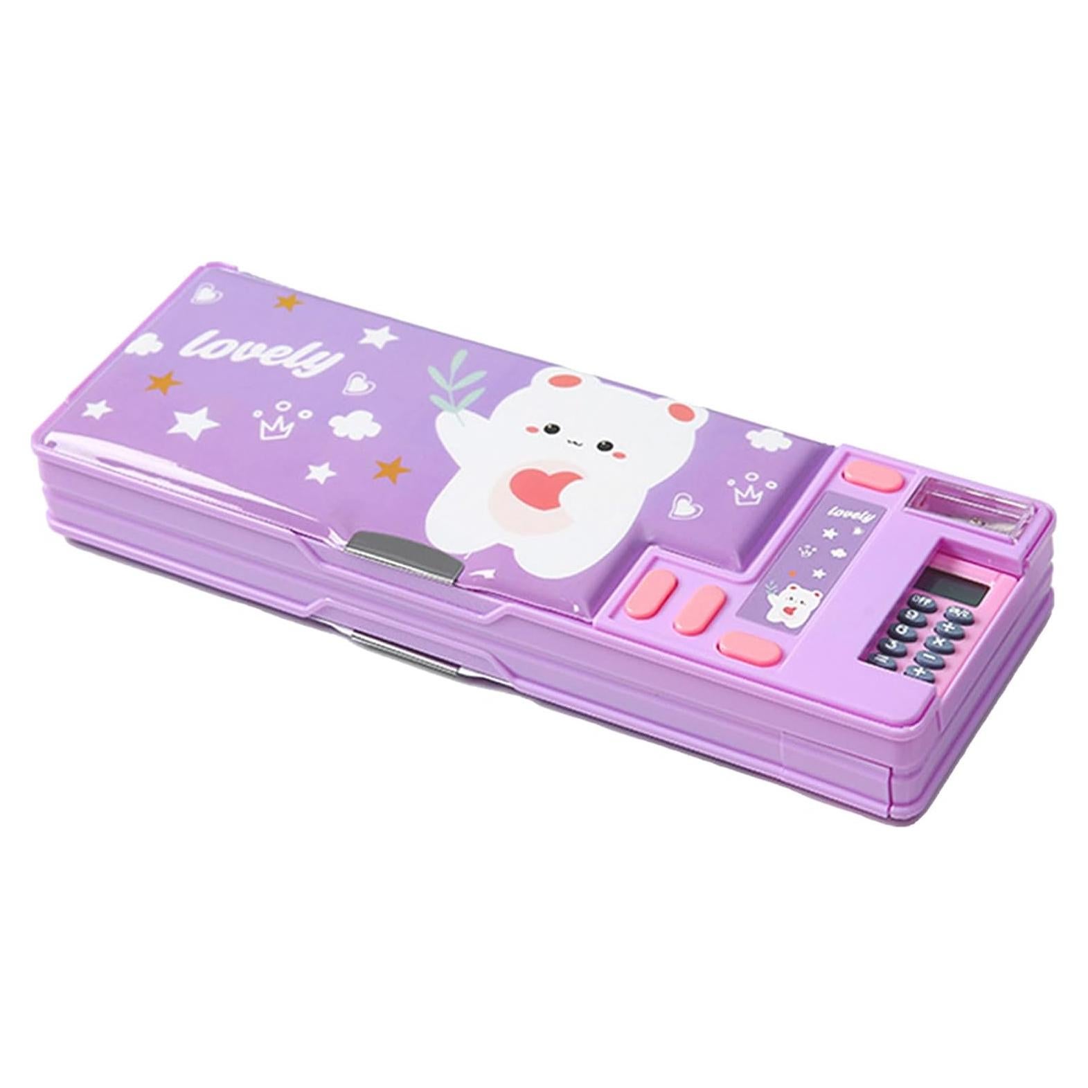 Estuche Multifuncional LilyBeauty con Calculadora y Sacapuntas - Púrpura