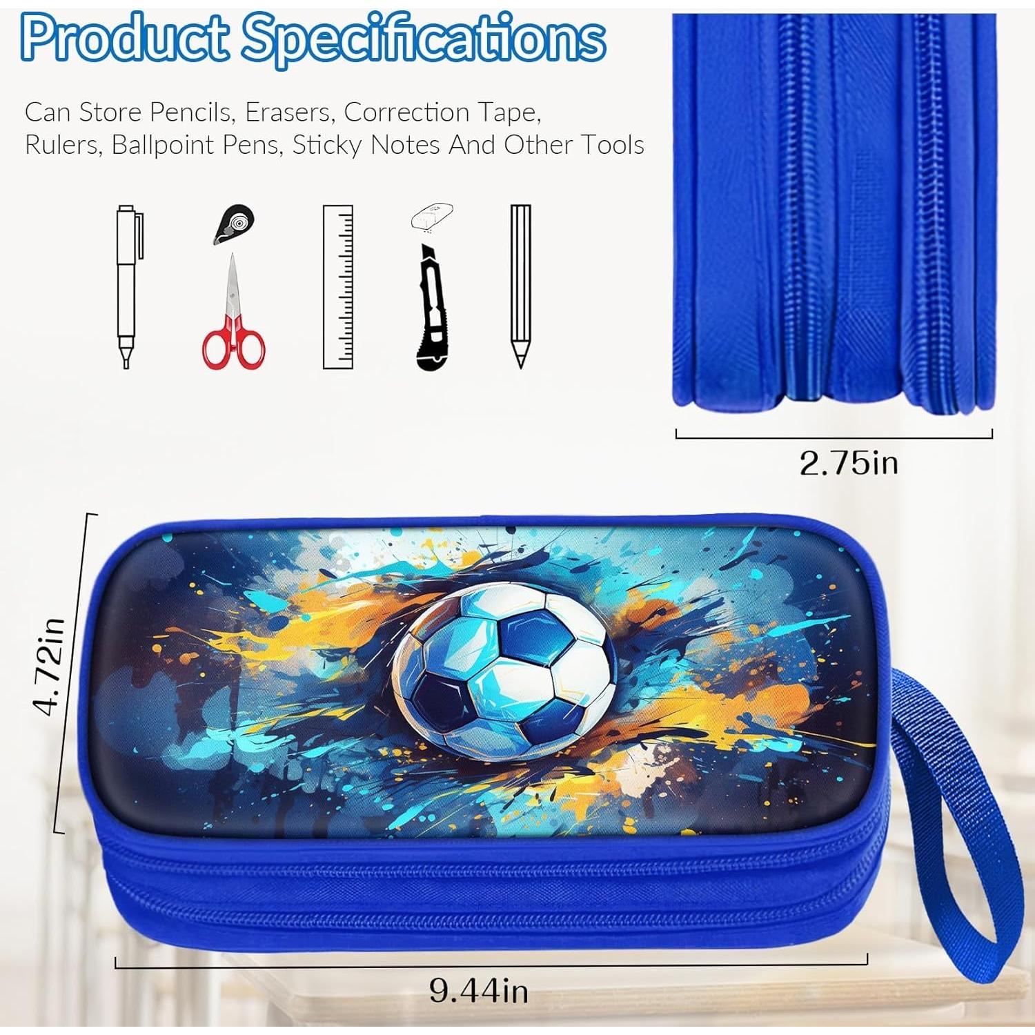 Large Pencil Case for Boys - Soccer Boys Pencil Pouch with Zipper Compartments - Big Capacity Pen Box Pen Bag Organizer with Keychain for Kids Teens School