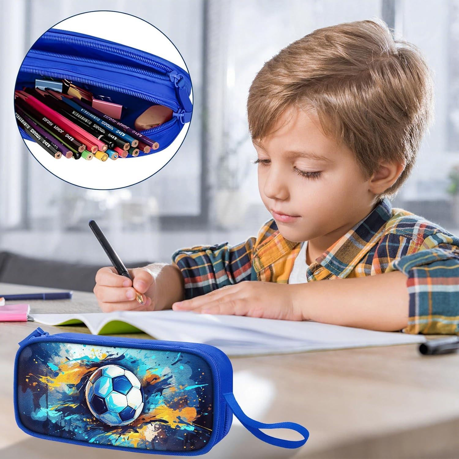 Large Pencil Case for Boys - Soccer Boys Pencil Pouch with Zipper Compartments - Big Capacity Pen Box Pen Bag Organizer with Keychain for Kids Teens School