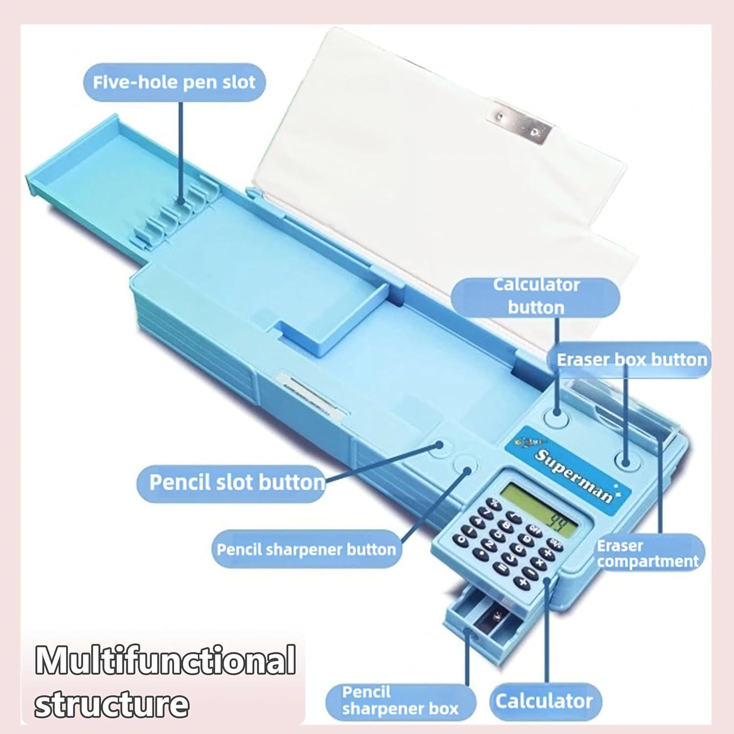 Estuche Multifuncional Ristpal con Calculadora y Sacapuntas Rosa