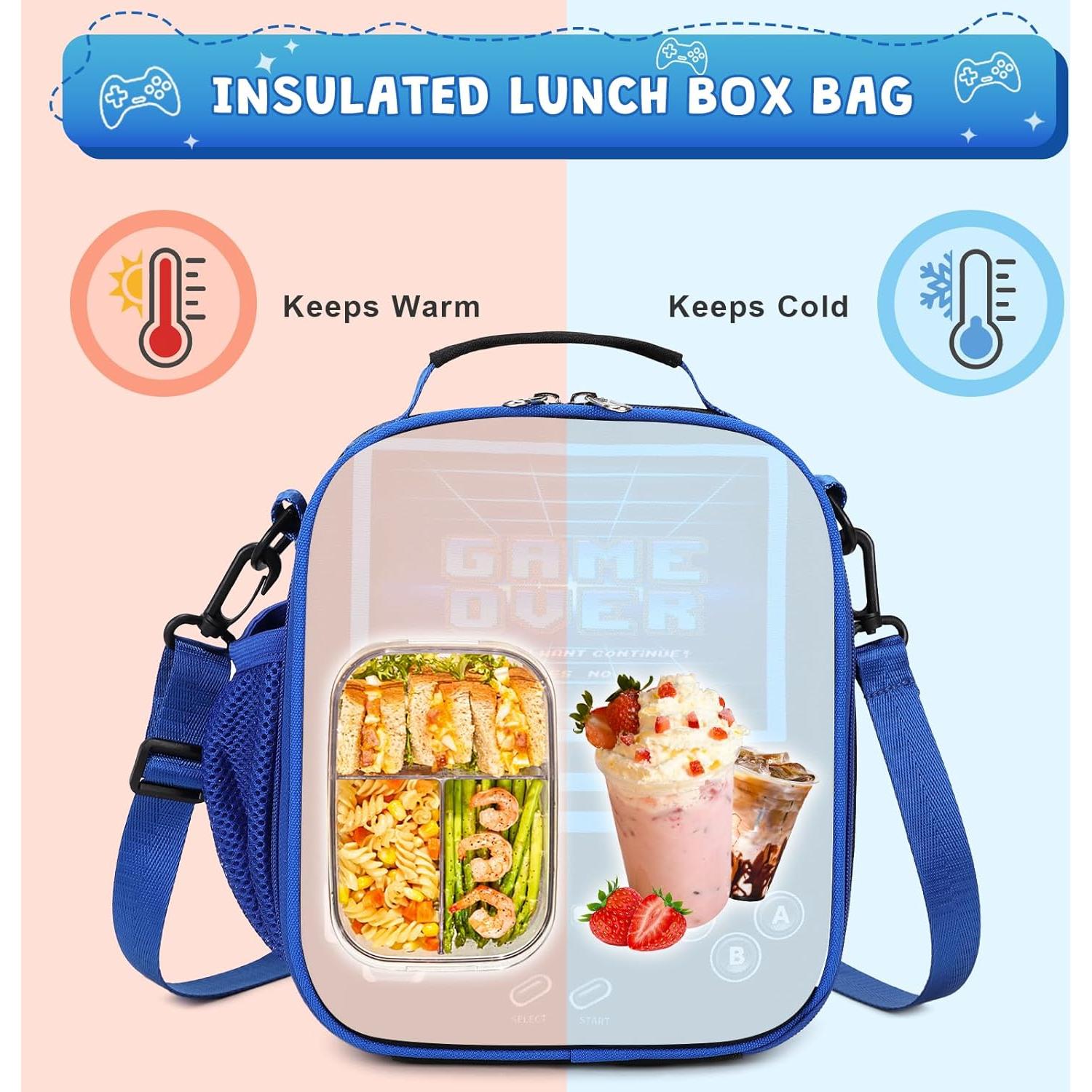 Game Lunch Box for Boys - Cool Luminous Gamer Boys Insulated Lunch Bag - Reusable Portable Lunch Boxes for Boy Girls Cooler for Kids Toddlers Teens Picnic School Daycare (Black