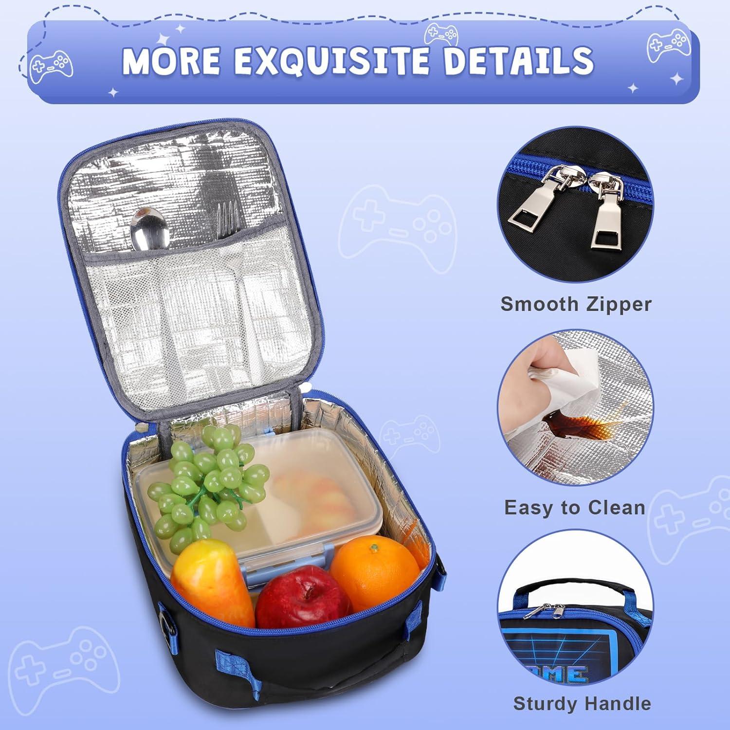 Game Lunch Box for Boys - Cool Luminous Gamer Boys Insulated Lunch Bag - Reusable Portable Lunch Boxes for Boy Girls Cooler for Kids Toddlers Teens Picnic School Daycare (Black